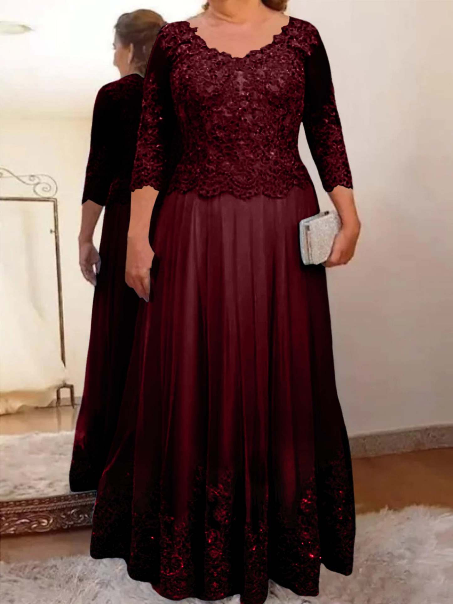 Floor-Length A-Line Mother of the Bride Dress with Sheer Neck and 3/4 Sleeves Featuring Applique-BMbridal