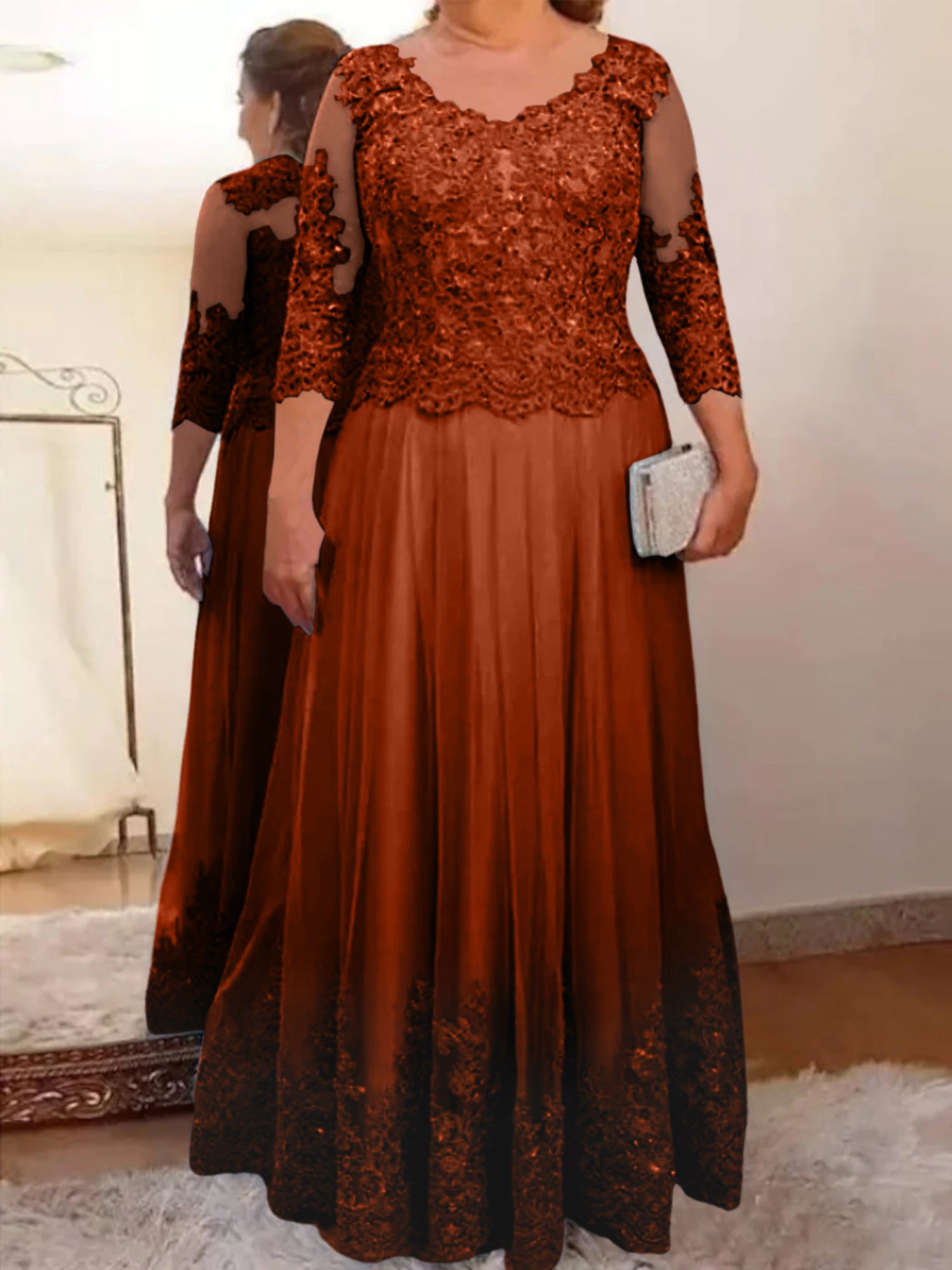 Floor-Length A-Line Mother of the Bride Dress with Sheer Neck and 3/4 Sleeves Featuring Applique-BMbridal
