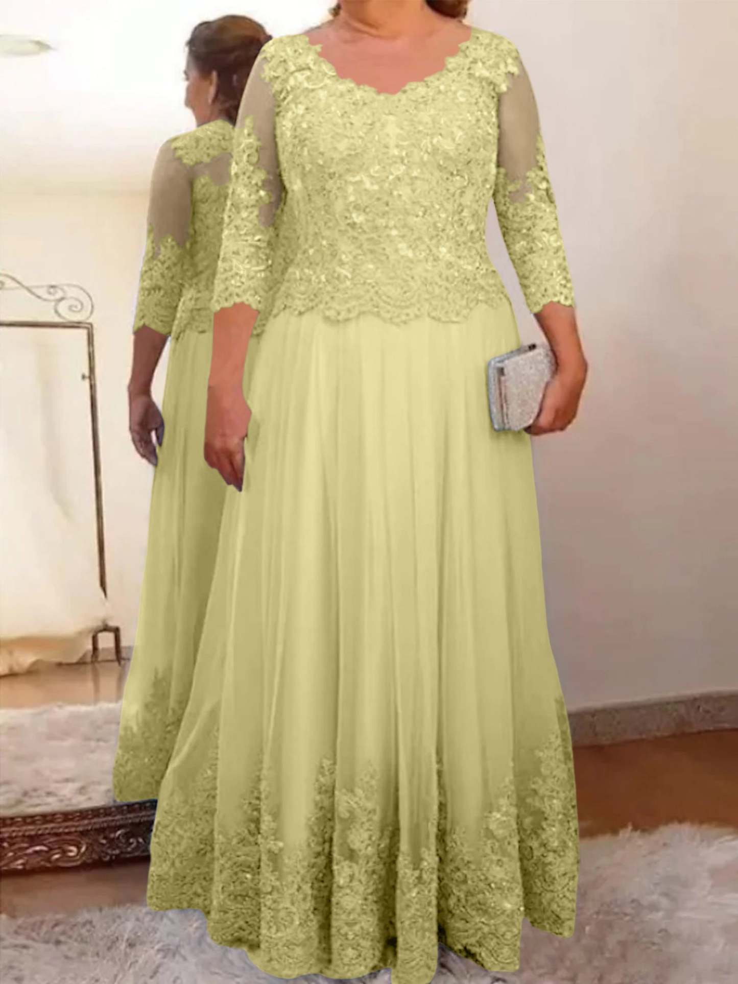 Floor-Length A-Line Mother of the Bride Dress with Sheer Neck and 3/4 Sleeves Featuring Applique-BMbridal