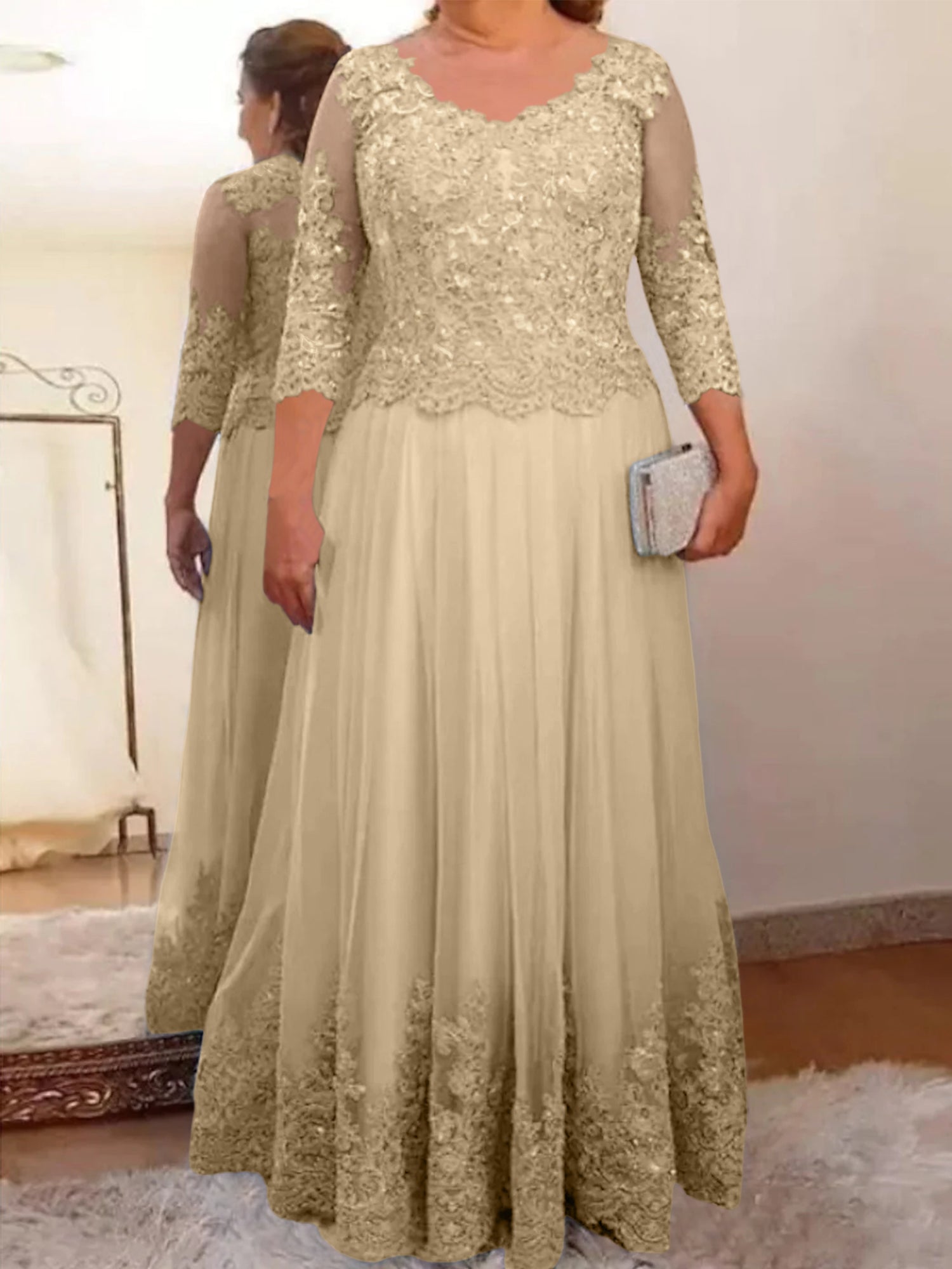Floor-Length A-Line Mother of the Bride Dress with Sheer Neck and 3/4 Sleeves Featuring Applique-BMbridal