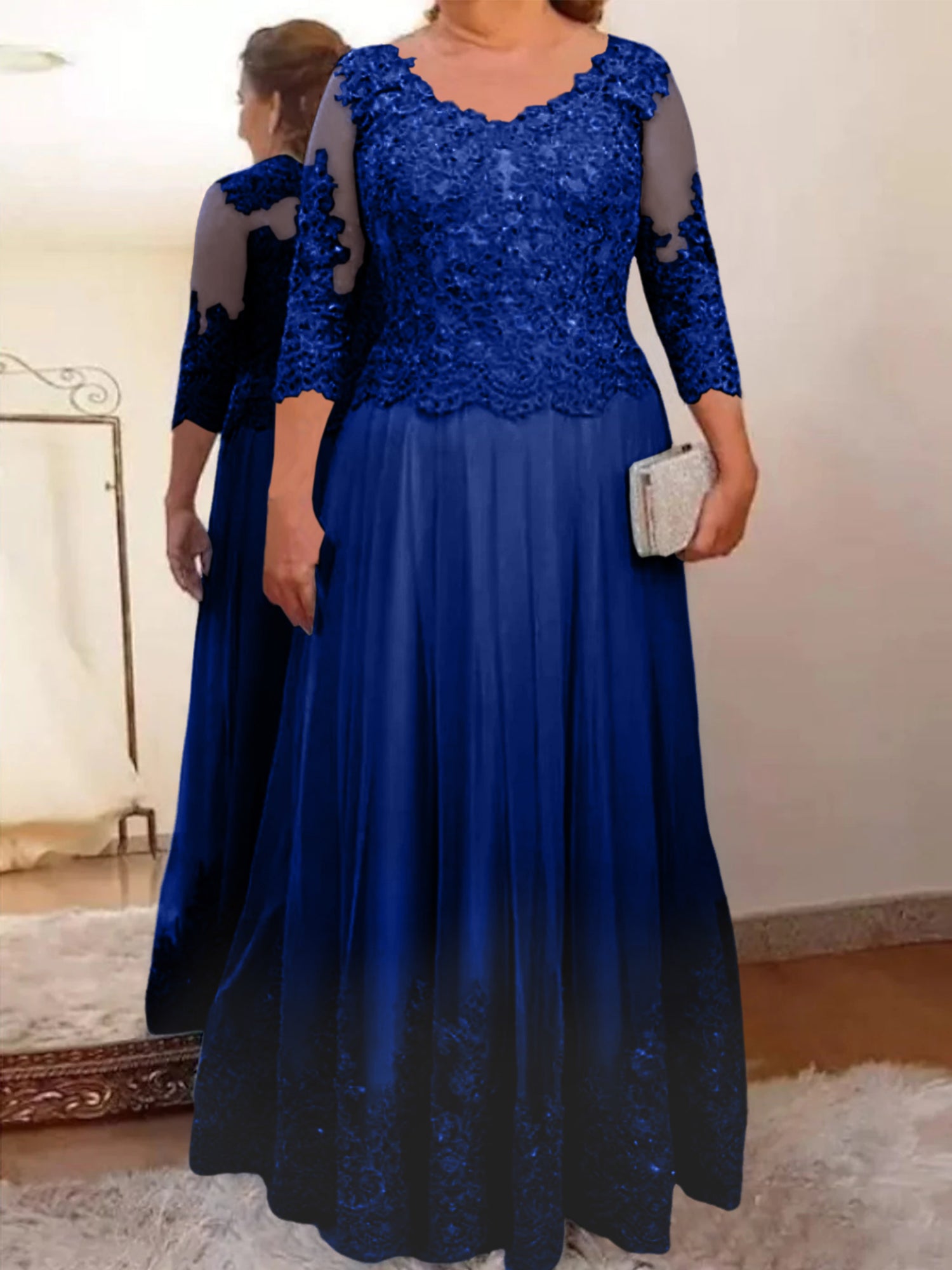 Floor-Length A-Line Mother of the Bride Dress with Sheer Neck and 3/4 Sleeves Featuring Applique-BMbridal