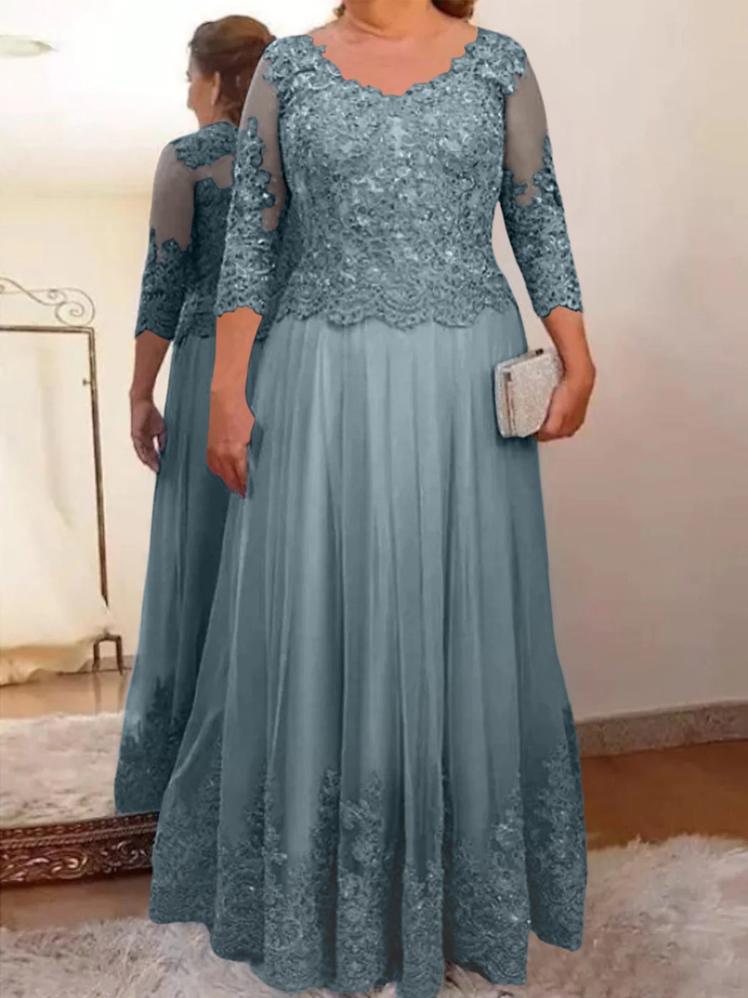 Floor-Length A-Line Mother of the Bride Dress with Sheer Neck and 3/4 Sleeves Featuring Applique-BMbridal