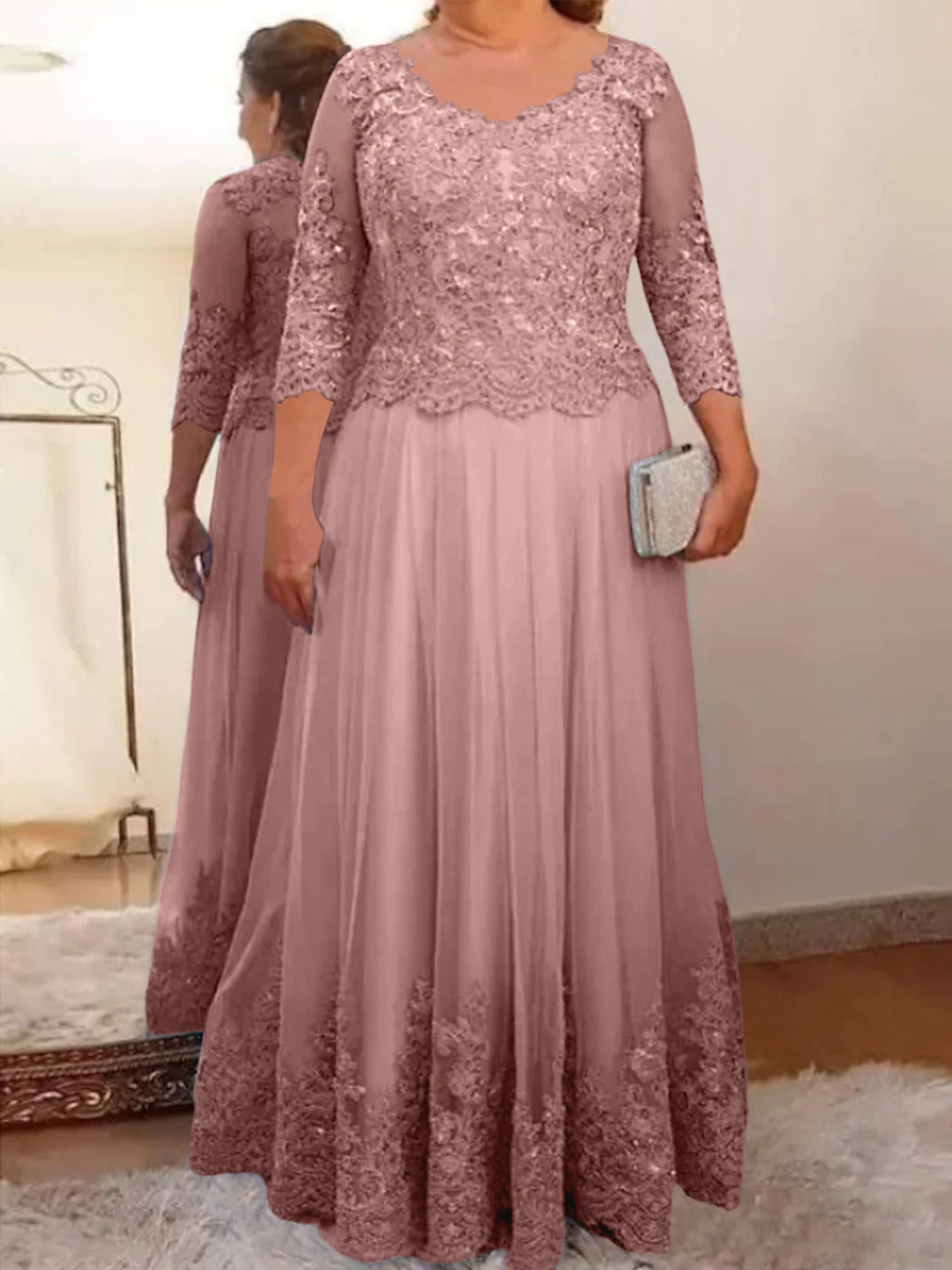 Floor-Length A-Line Mother of the Bride Dress with Sheer Neck and 3/4 Sleeves Featuring Applique-BMbridal
