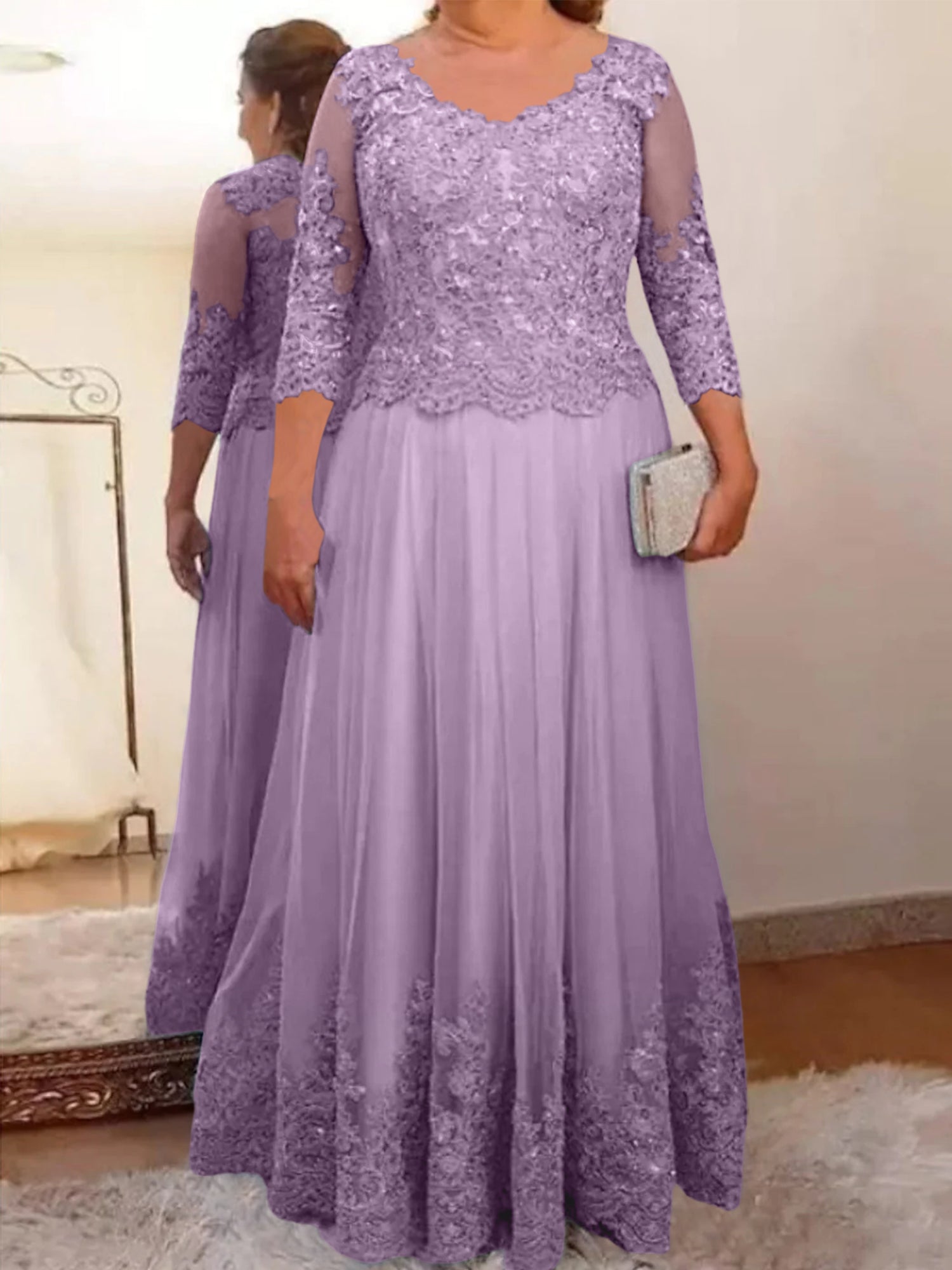 Floor-Length A-Line Mother of the Bride Dress with Sheer Neck and 3/4 Sleeves Featuring Applique-BMbridal