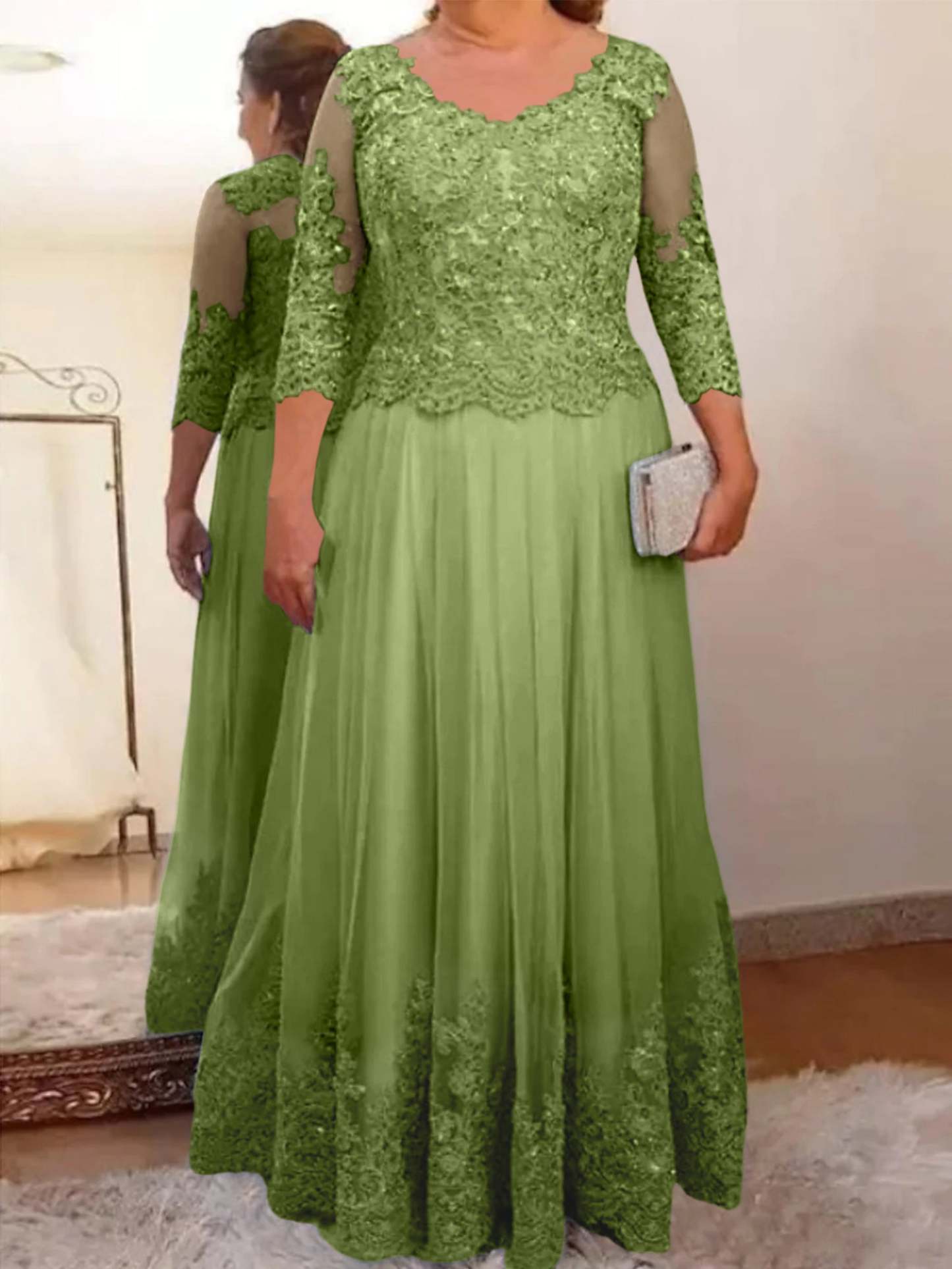 Floor-Length A-Line Mother of the Bride Dress with Sheer Neck and 3/4 Sleeves Featuring Applique-BMbridal