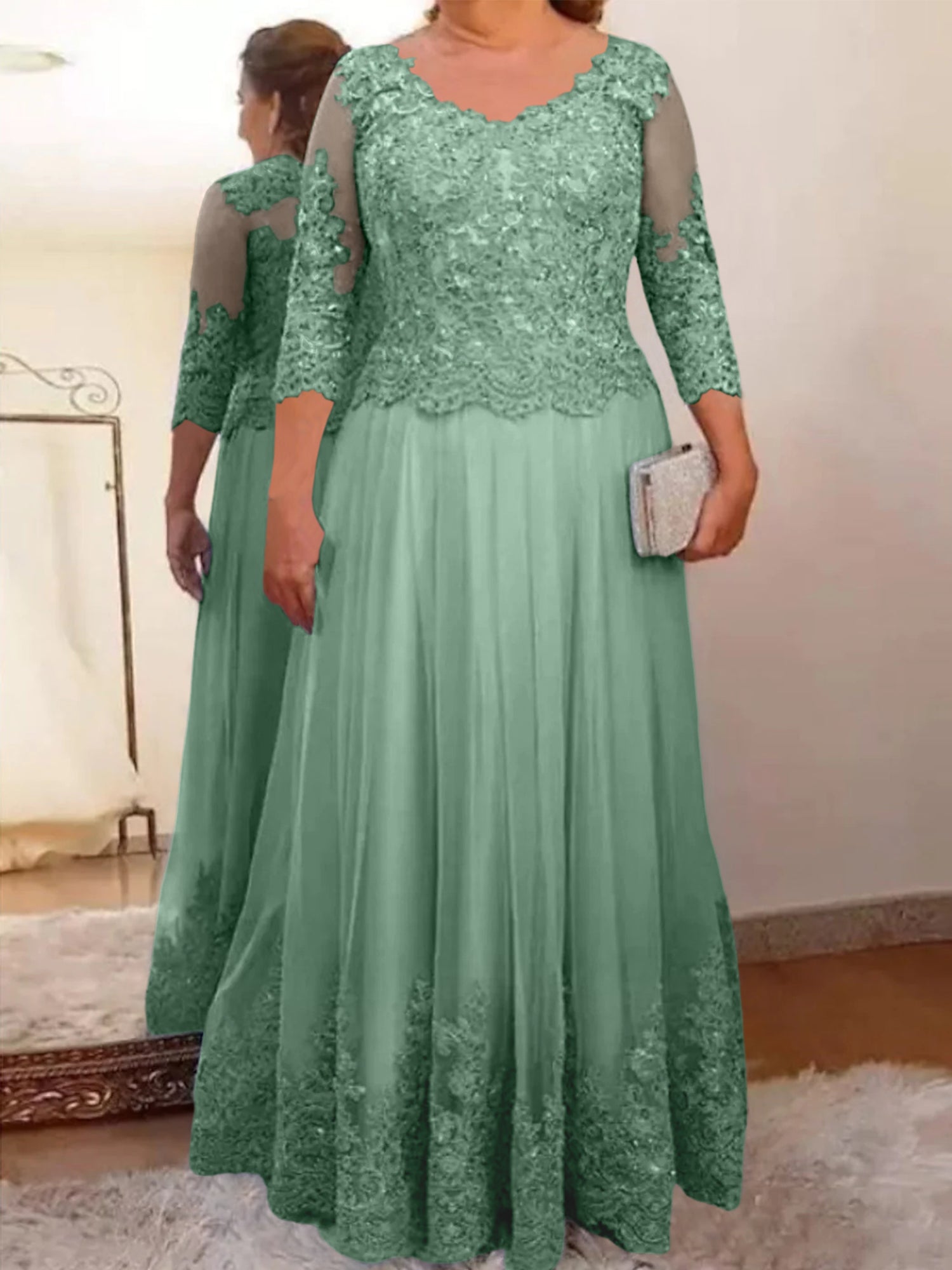 Floor-Length A-Line Mother of the Bride Dress with Sheer Neck and 3/4 Sleeves Featuring Applique-BMbridal
