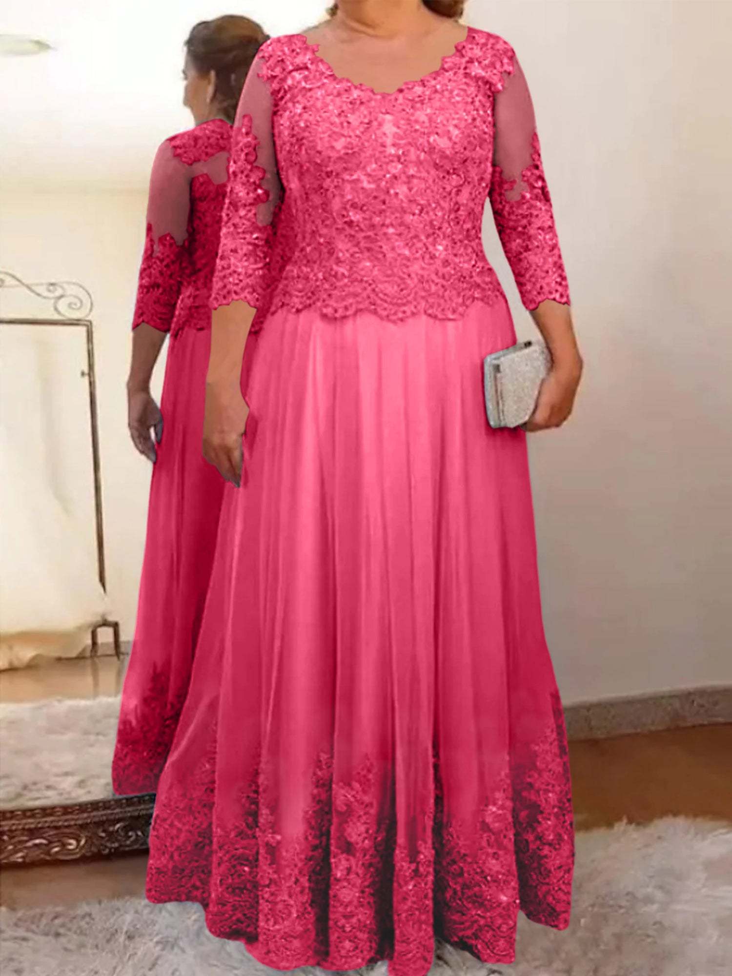 Floor-Length A-Line Mother of the Bride Dress with Sheer Neck and 3/4 Sleeves Featuring Applique-BMbridal