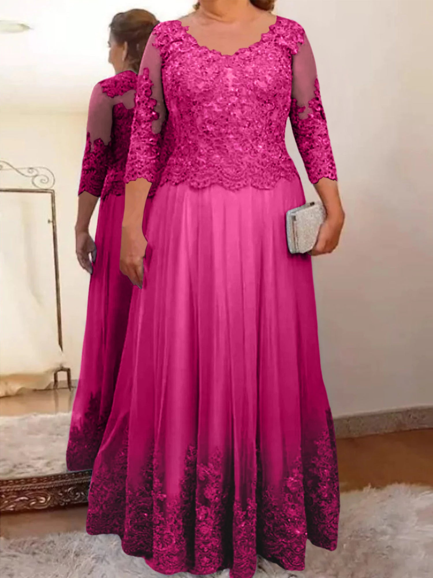 Floor-Length A-Line Mother of the Bride Dress with Sheer Neck and 3/4 Sleeves Featuring Applique-BMbridal