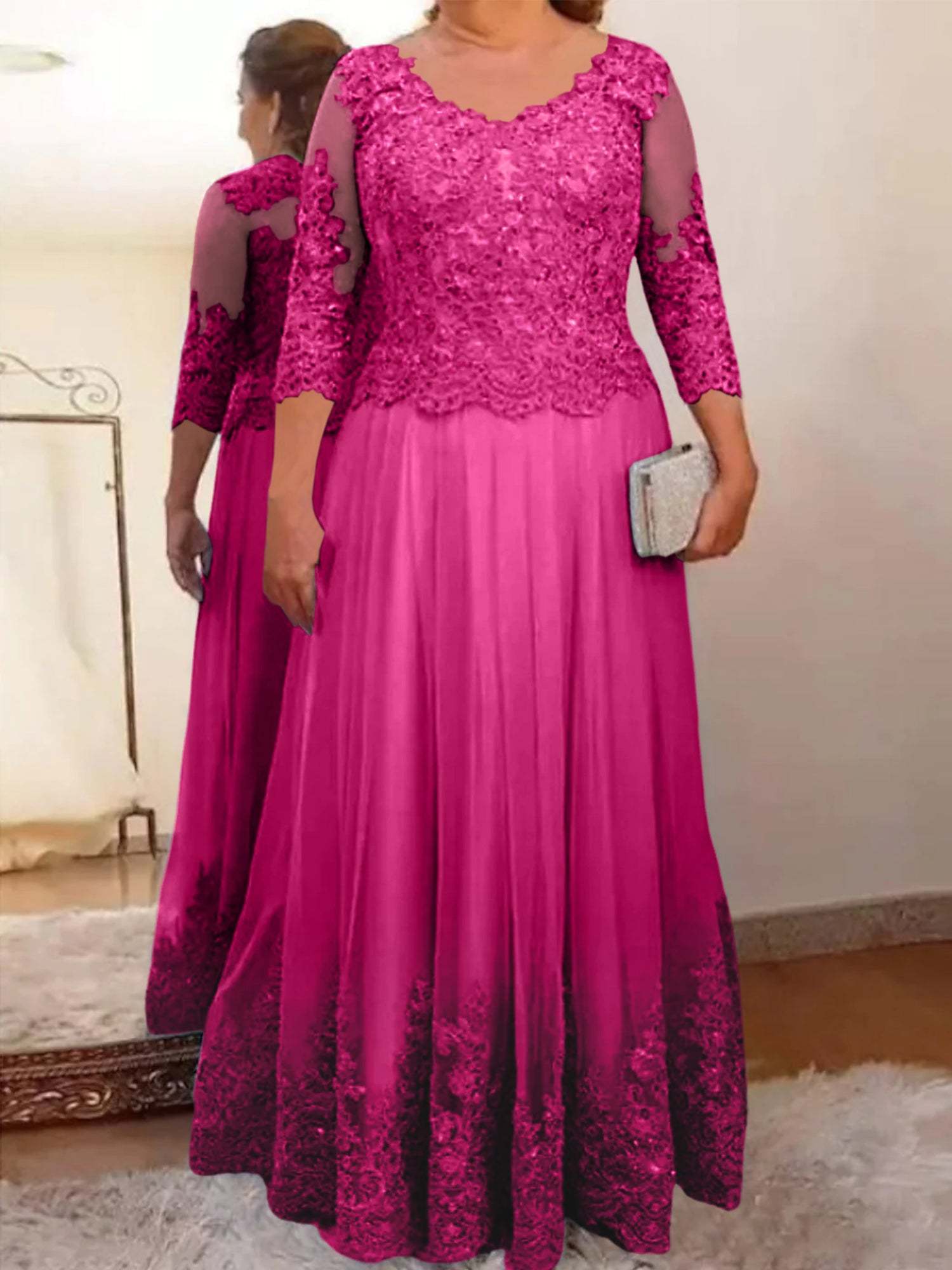Floor-Length A-Line Mother of the Bride Dress with Sheer Neck and 3/4 Sleeves Featuring Applique-BMbridal