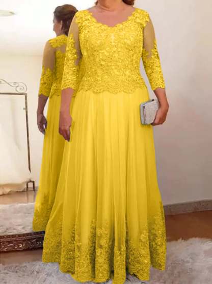 Floor-Length A-Line Mother of the Bride Dress with Sheer Neck and 3/4 Sleeves Featuring Applique-BMbridal
