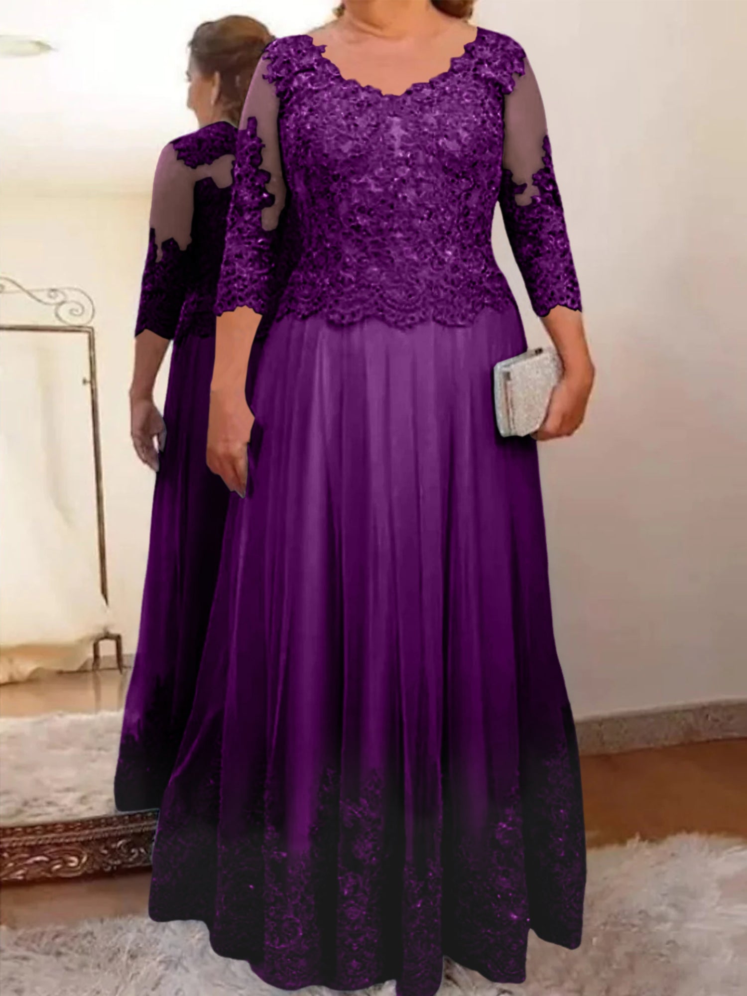 Floor-Length A-Line Mother of the Bride Dress with Sheer Neck and 3/4 Sleeves Featuring Applique-BMbridal