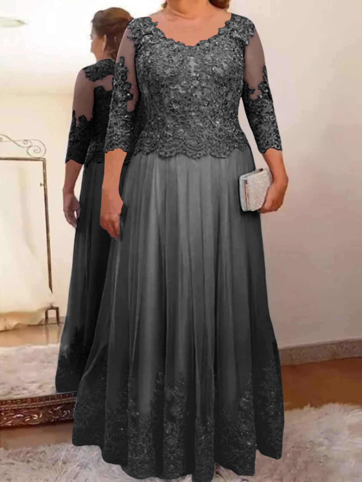 Floor-Length A-Line Mother of the Bride Dress with Sheer Neck and 3/4 Sleeves Featuring Applique-BMbridal
