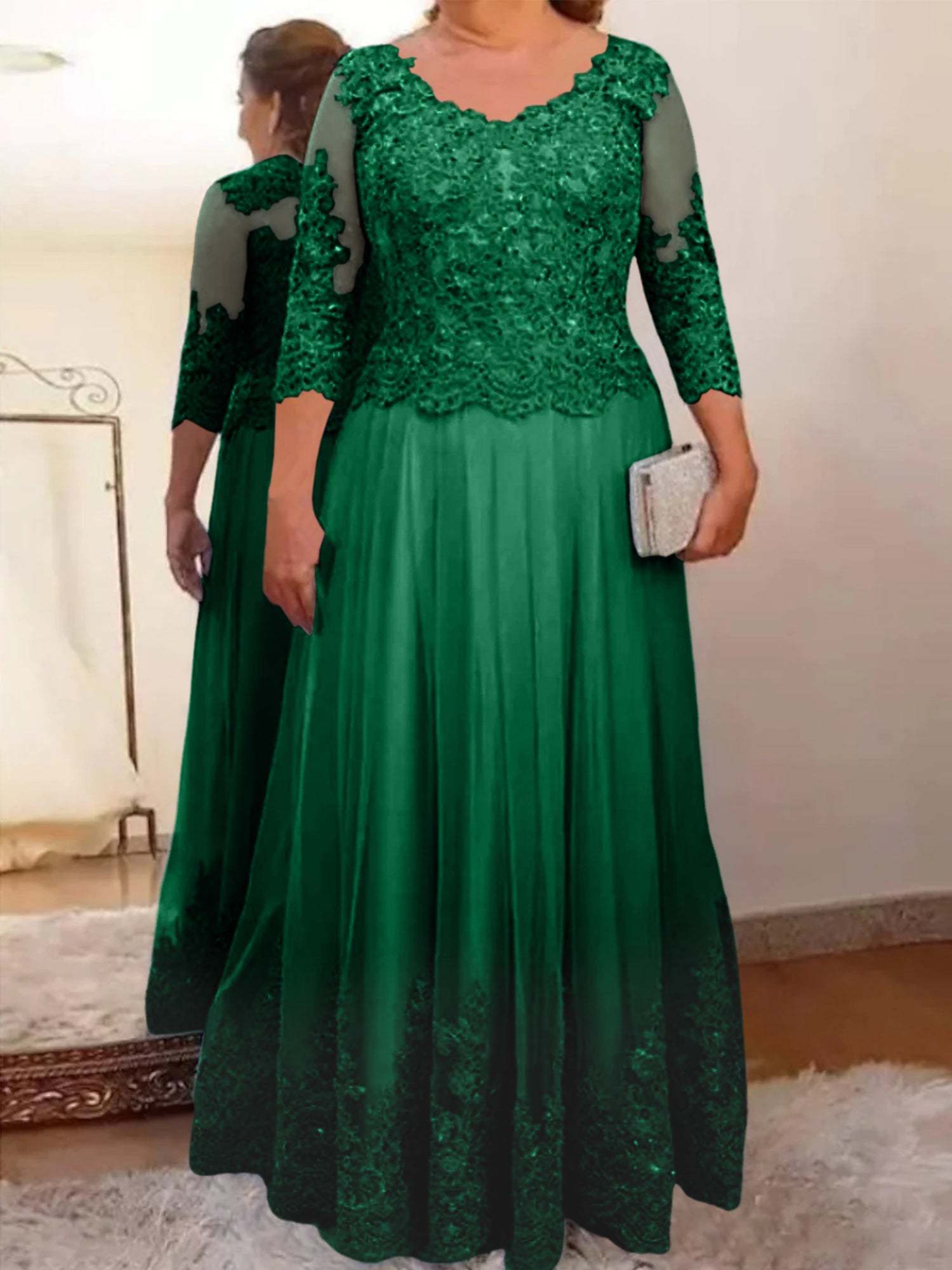 Floor-Length A-Line Mother of the Bride Dress with Sheer Neck and 3/4 Sleeves Featuring Applique-BMbridal