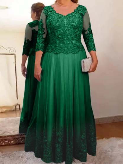 Floor-Length A-Line Mother of the Bride Dress with Sheer Neck and 3/4 Sleeves Featuring Applique-BMbridal