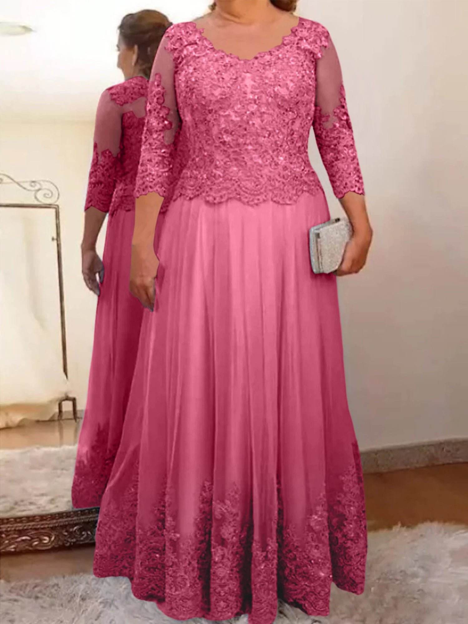 Floor-Length A-Line Mother of the Bride Dress with Sheer Neck and 3/4 Sleeves Featuring Applique-BMbridal