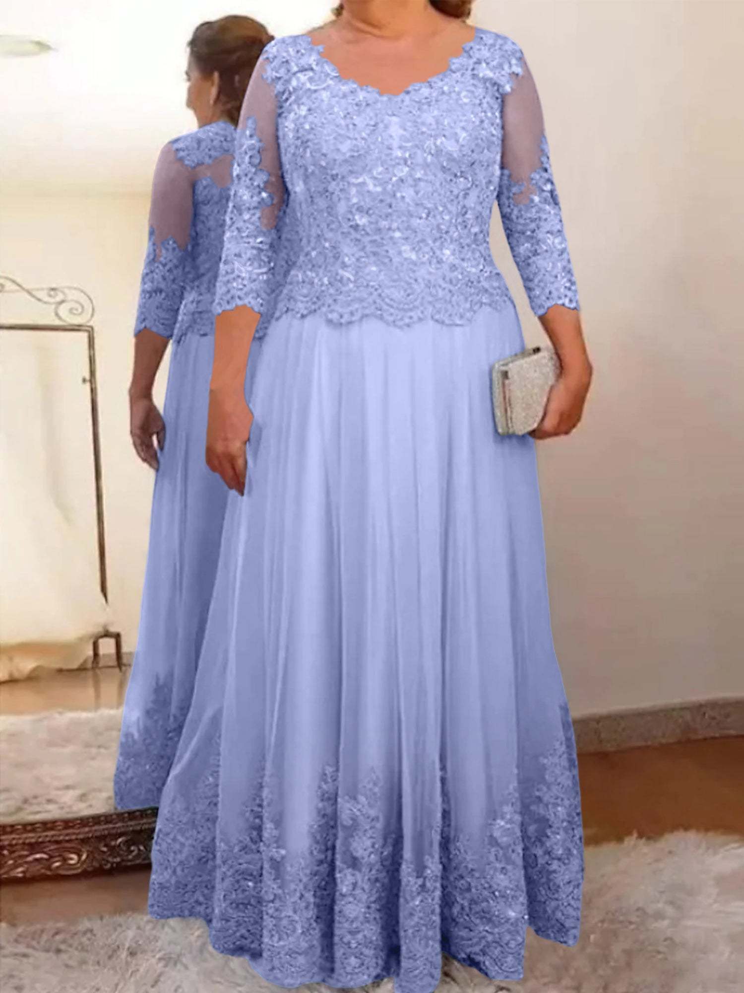 Floor-Length A-Line Mother of the Bride Dress with Sheer Neck and 3/4 Sleeves Featuring Applique-BMbridal