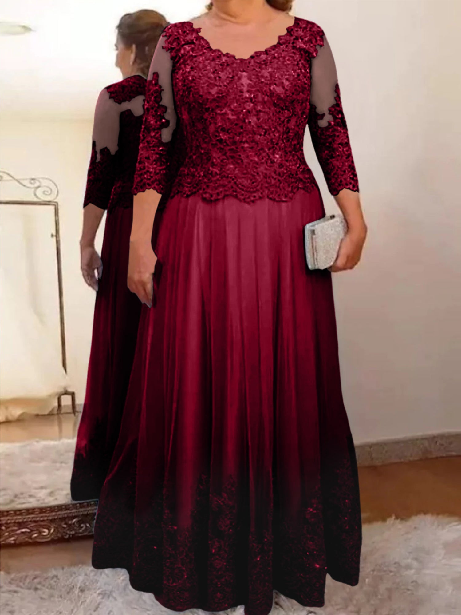 Floor-Length A-Line Mother of the Bride Dress with Sheer Neck and 3/4 Sleeves Featuring Applique-BMbridal