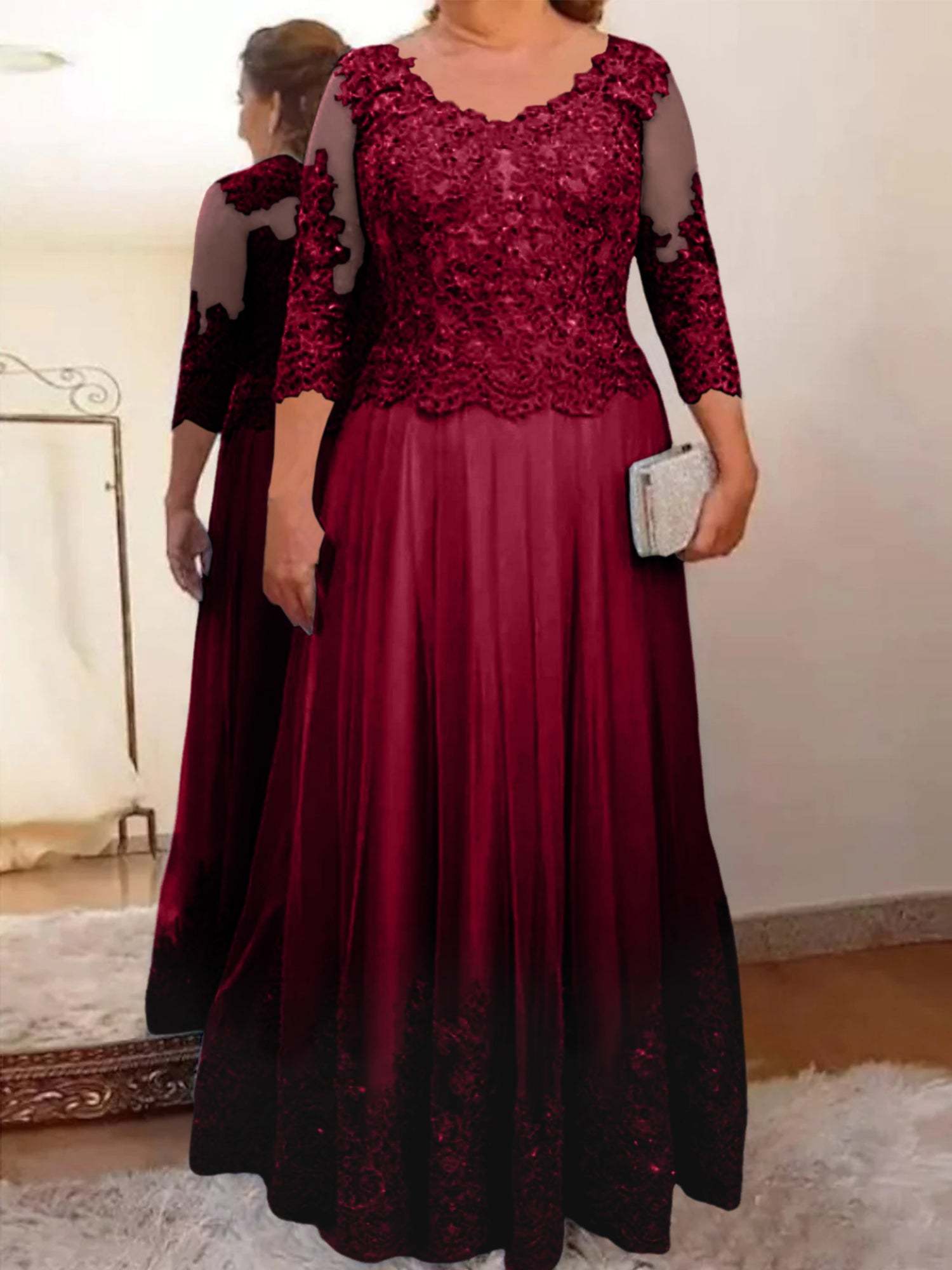 Floor-Length A-Line Mother of the Bride Dress with Sheer Neck and 3/4 Sleeves Featuring Applique-BMbridal