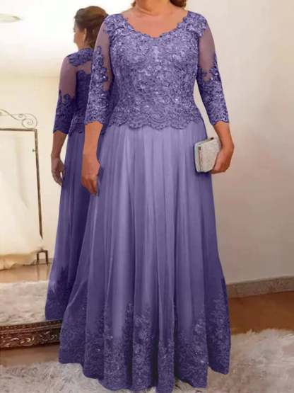 Floor-Length A-Line Mother of the Bride Dress with Sheer Neck and 3/4 Sleeves Featuring Applique-BMbridal