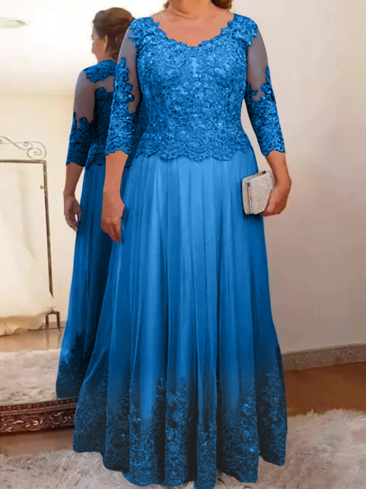 Floor-Length A-Line Mother of the Bride Dress with Sheer Neck and 3/4 Sleeves Featuring Applique-BMbridal
