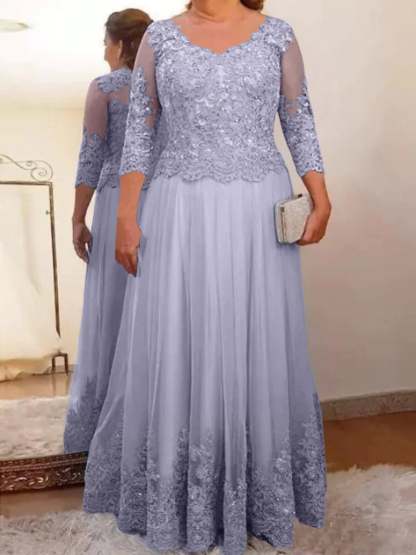 Floor-Length A-Line Mother of the Bride Dress with Sheer Neck and 3/4 Sleeves Featuring Applique-BMbridal