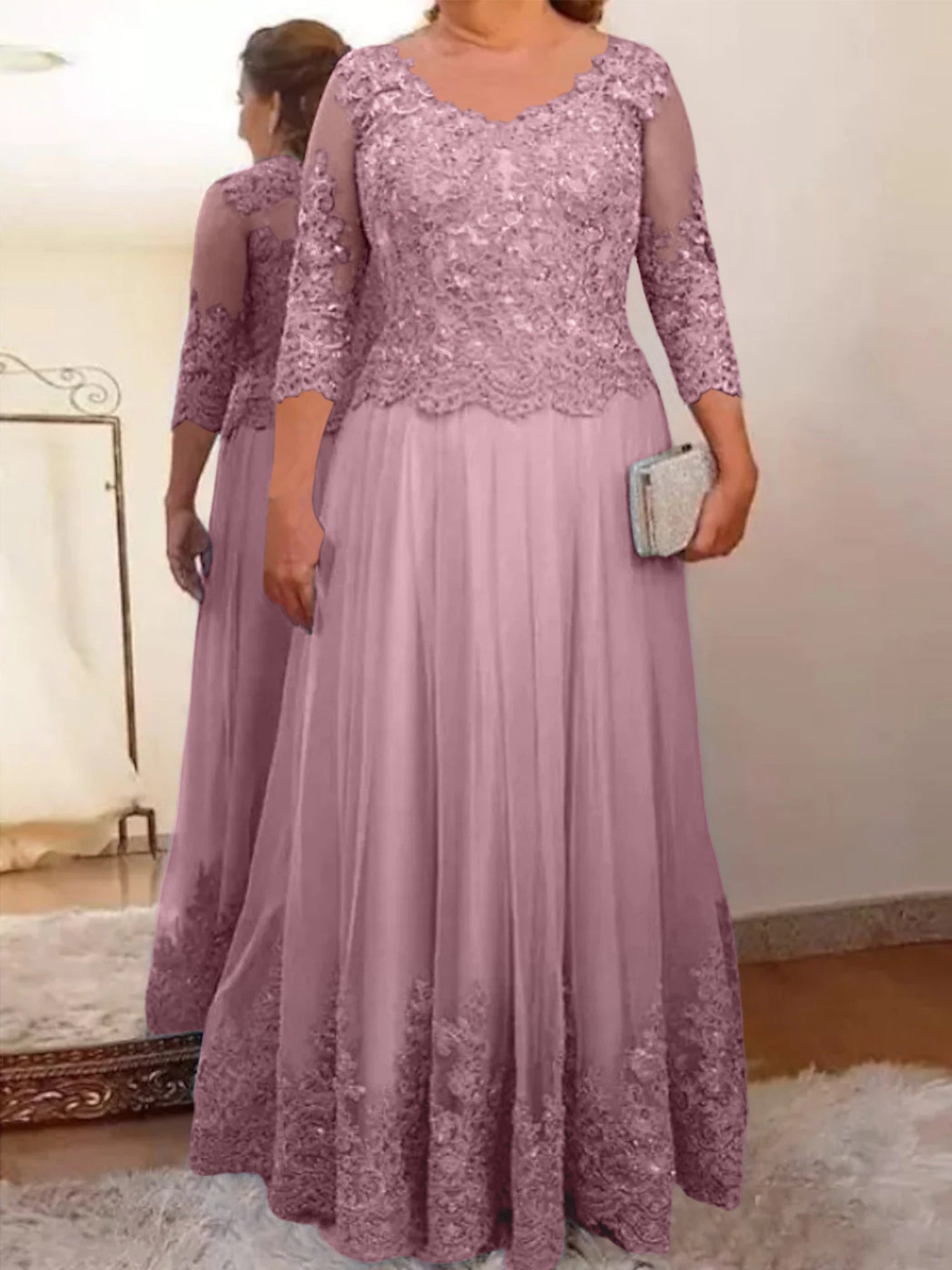 Floor-Length A-Line Mother of the Bride Dress with Sheer Neck and 3/4 Sleeves Featuring Applique-BMbridal
