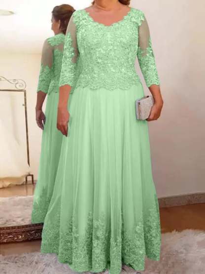 Floor-Length A-Line Mother of the Bride Dress with Sheer Neck and 3/4 Sleeves Featuring Applique-BMbridal