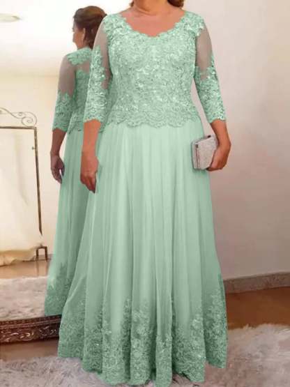 Floor-Length A-Line Mother of the Bride Dress with Sheer Neck and 3/4 Sleeves Featuring Applique-BMbridal