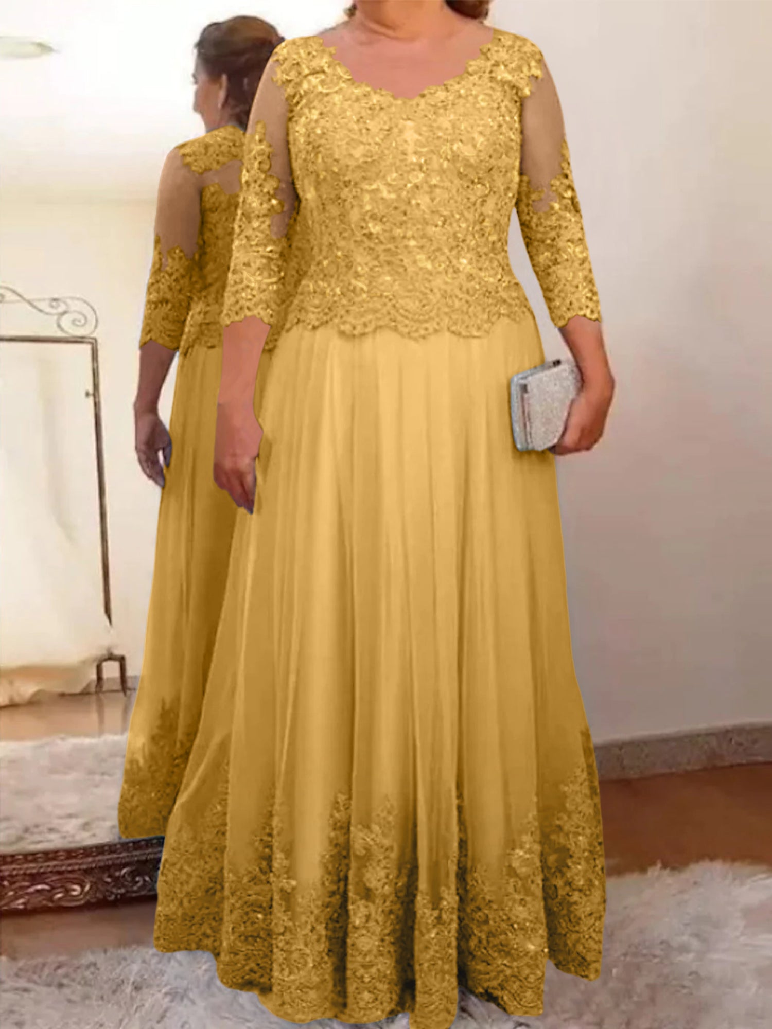Floor-Length A-Line Mother of the Bride Dress with Sheer Neck and 3/4 Sleeves Featuring Applique-BMbridal