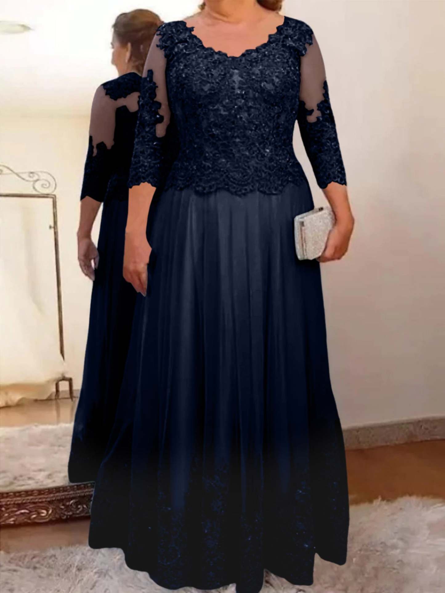 Floor-Length A-Line Mother of the Bride Dress with Sheer Neck and 3/4 Sleeves Featuring Applique-BMbridal