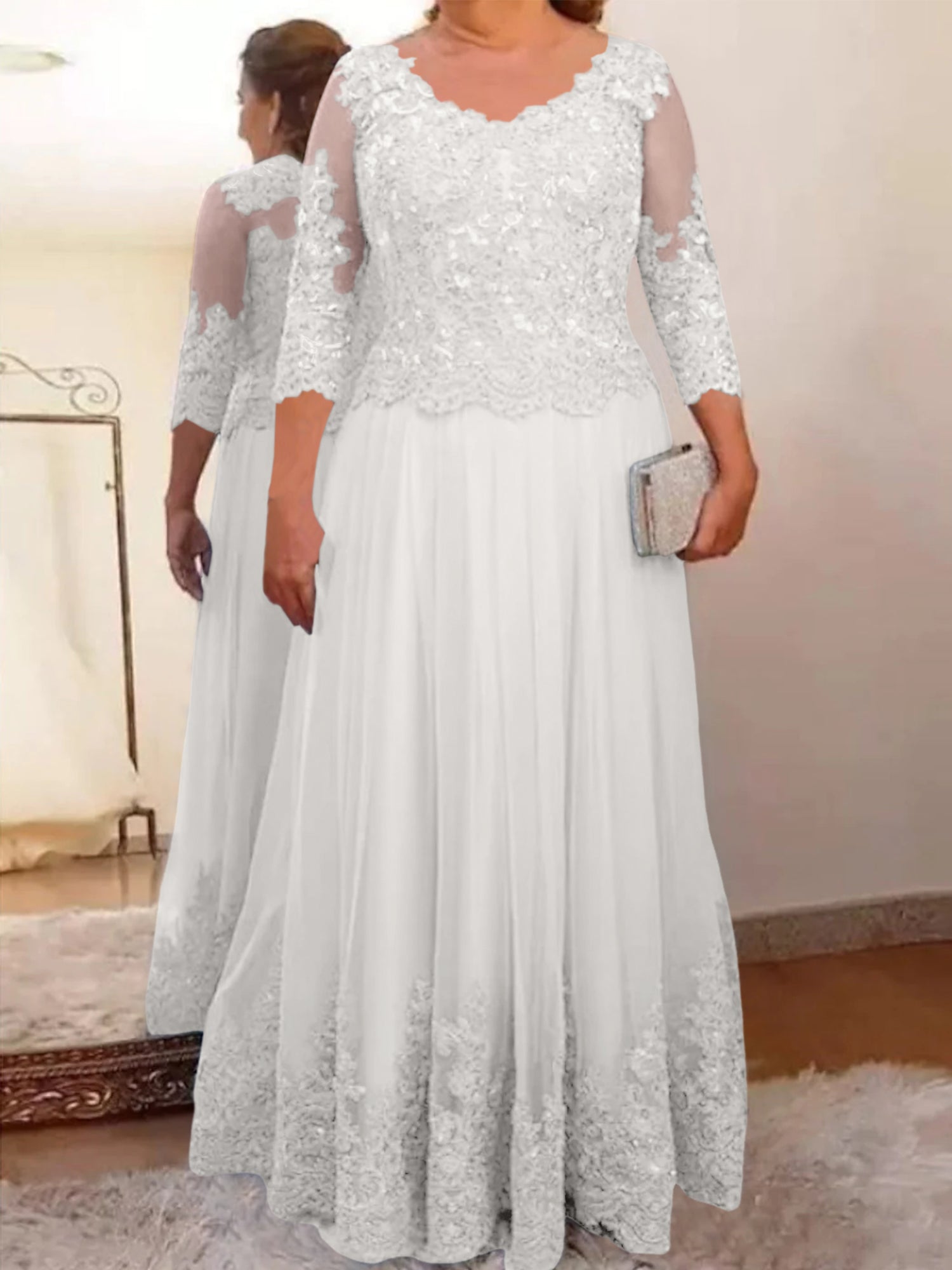 Floor-Length A-Line Mother of the Bride Dress with Sheer Neck and 3/4 Sleeves Featuring Applique-BMbridal