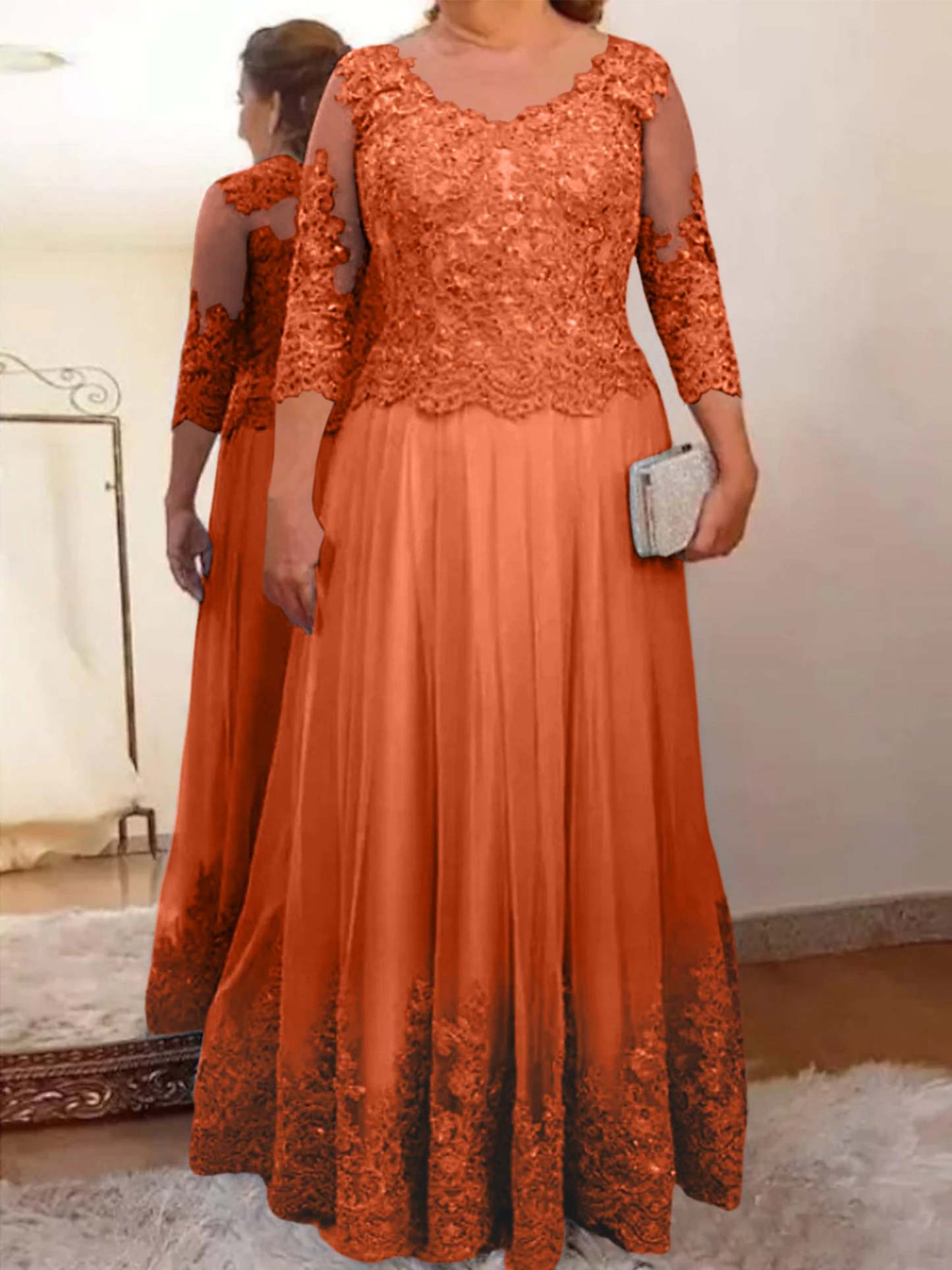 Floor-Length A-Line Mother of the Bride Dress with Sheer Neck and 3/4 Sleeves Featuring Applique-BMbridal