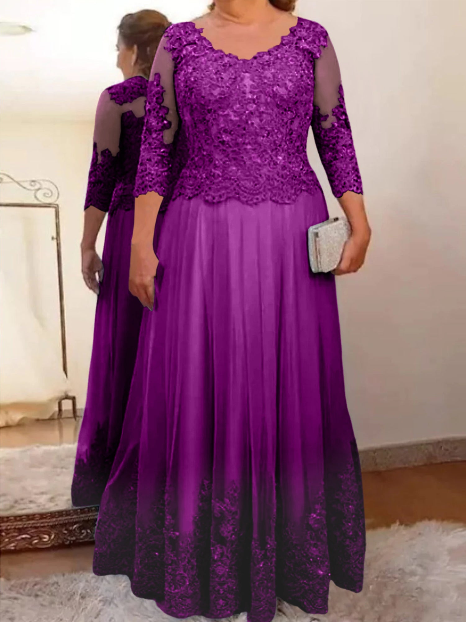 Floor-Length A-Line Mother of the Bride Dress with Sheer Neck and 3/4 Sleeves Featuring Applique-BMbridal