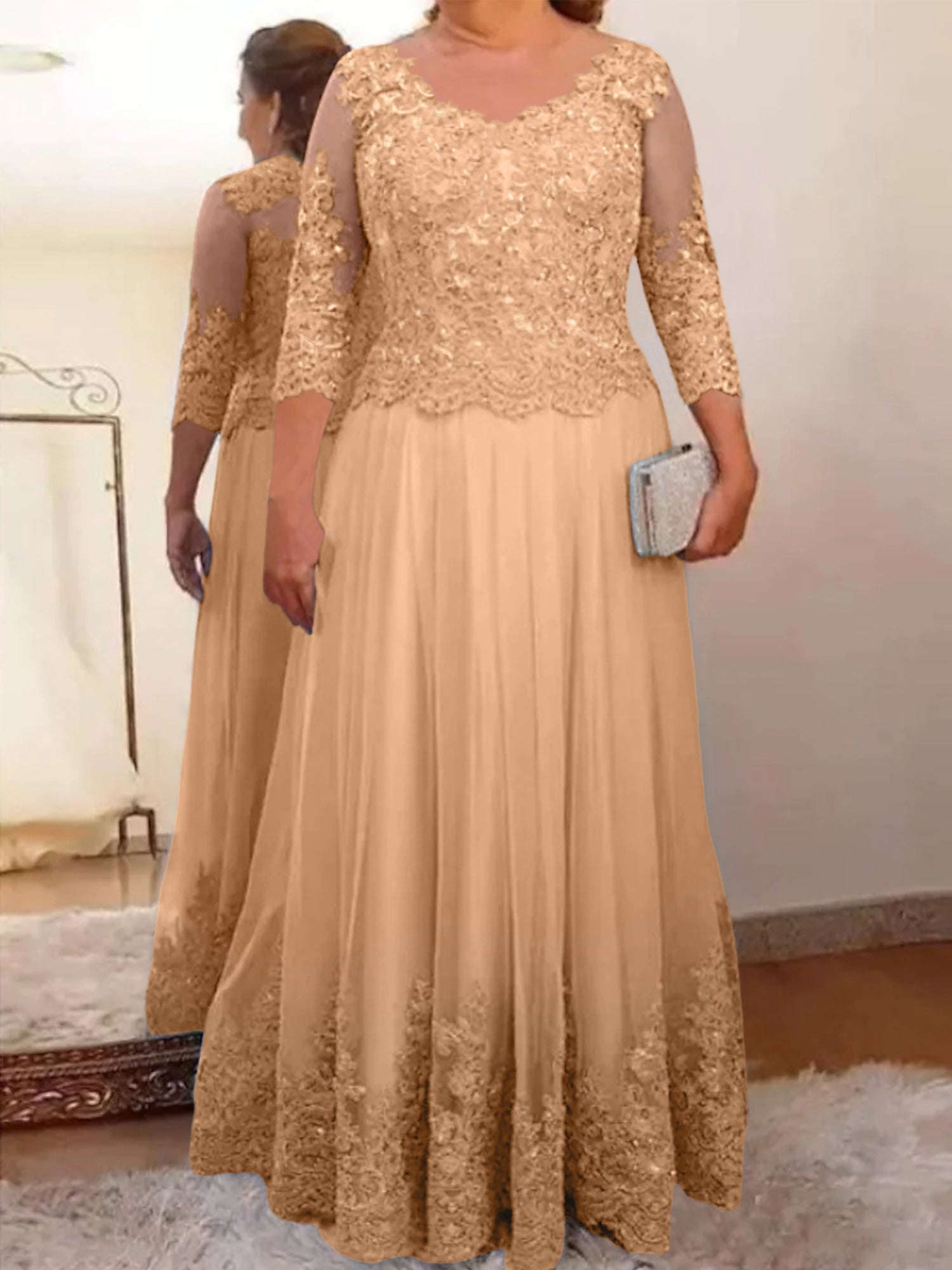 Floor-Length A-Line Mother of the Bride Dress with Sheer Neck and 3/4 Sleeves Featuring Applique-BMbridal