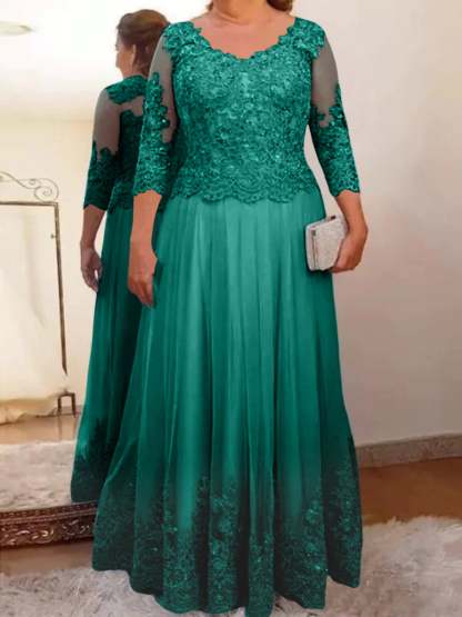Floor-Length A-Line Mother of the Bride Dress with Sheer Neck and 3/4 Sleeves Featuring Applique-BMbridal