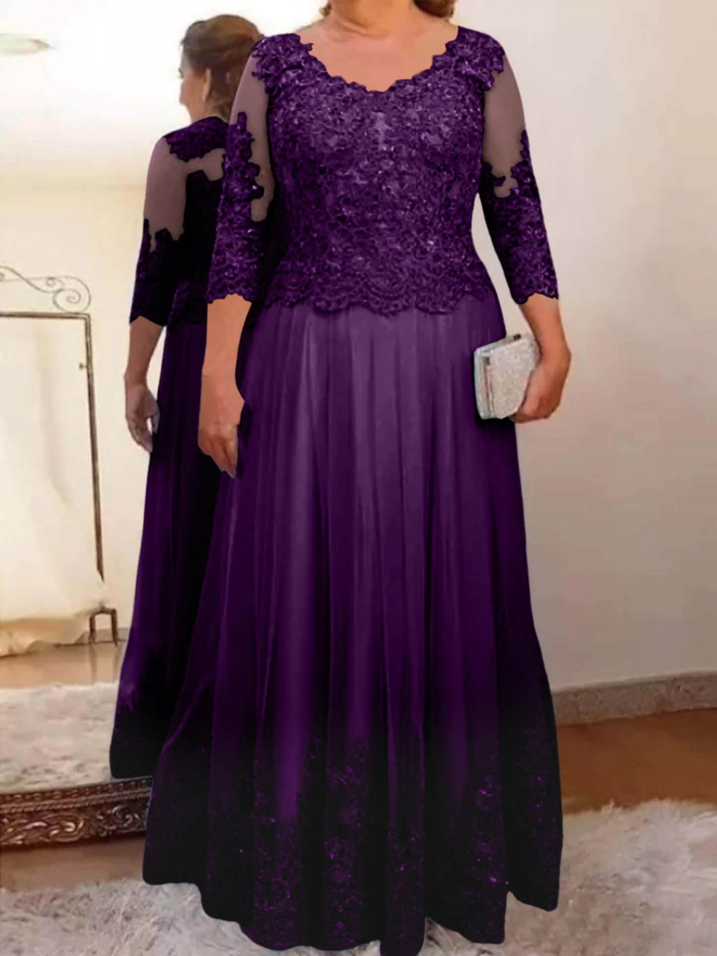 Floor-Length A-Line Mother of the Bride Dress with Sheer Neck and 3/4 Sleeves Featuring Applique-BMbridal