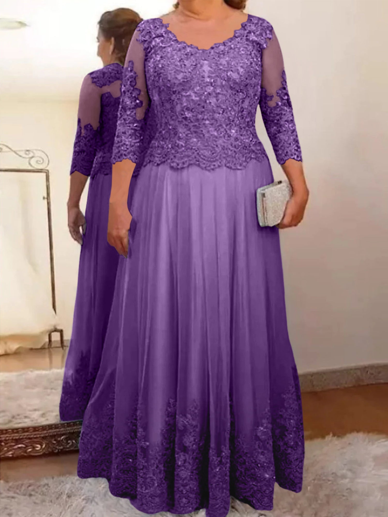 Floor-Length A-Line Mother of the Bride Dress with Sheer Neck and 3/4 Sleeves Featuring Applique-BMbridal