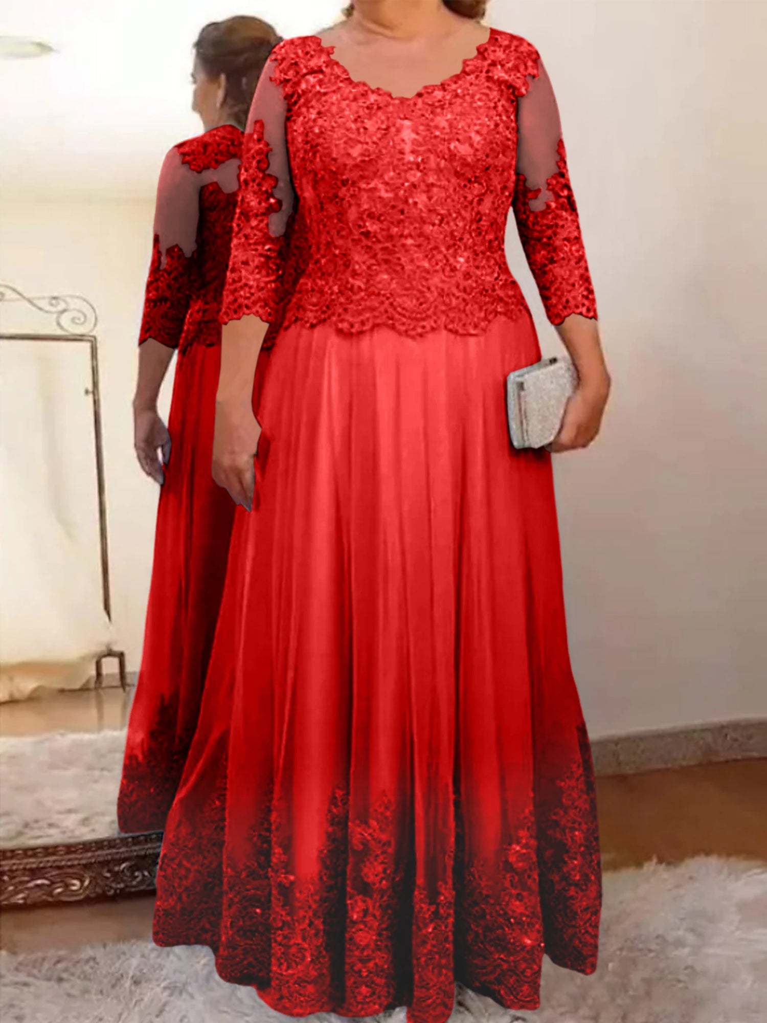 Floor-Length A-Line Mother of the Bride Dress with Sheer Neck and 3/4 Sleeves Featuring Applique-BMbridal