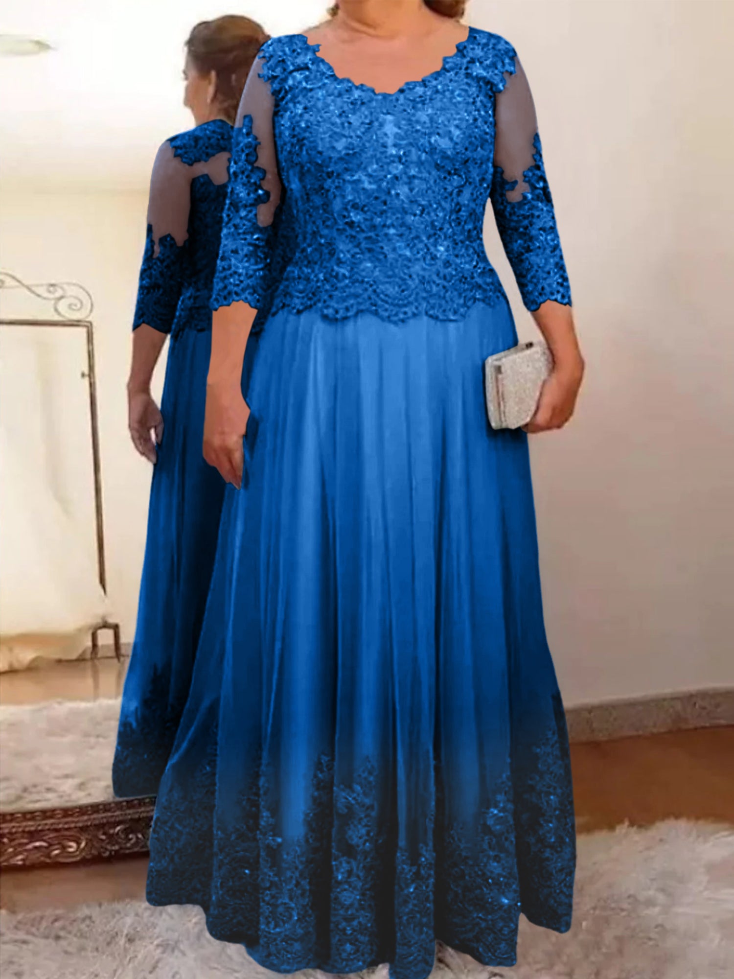 Floor-Length A-Line Mother of the Bride Dress with Sheer Neck and 3/4 Sleeves Featuring Applique-BMbridal