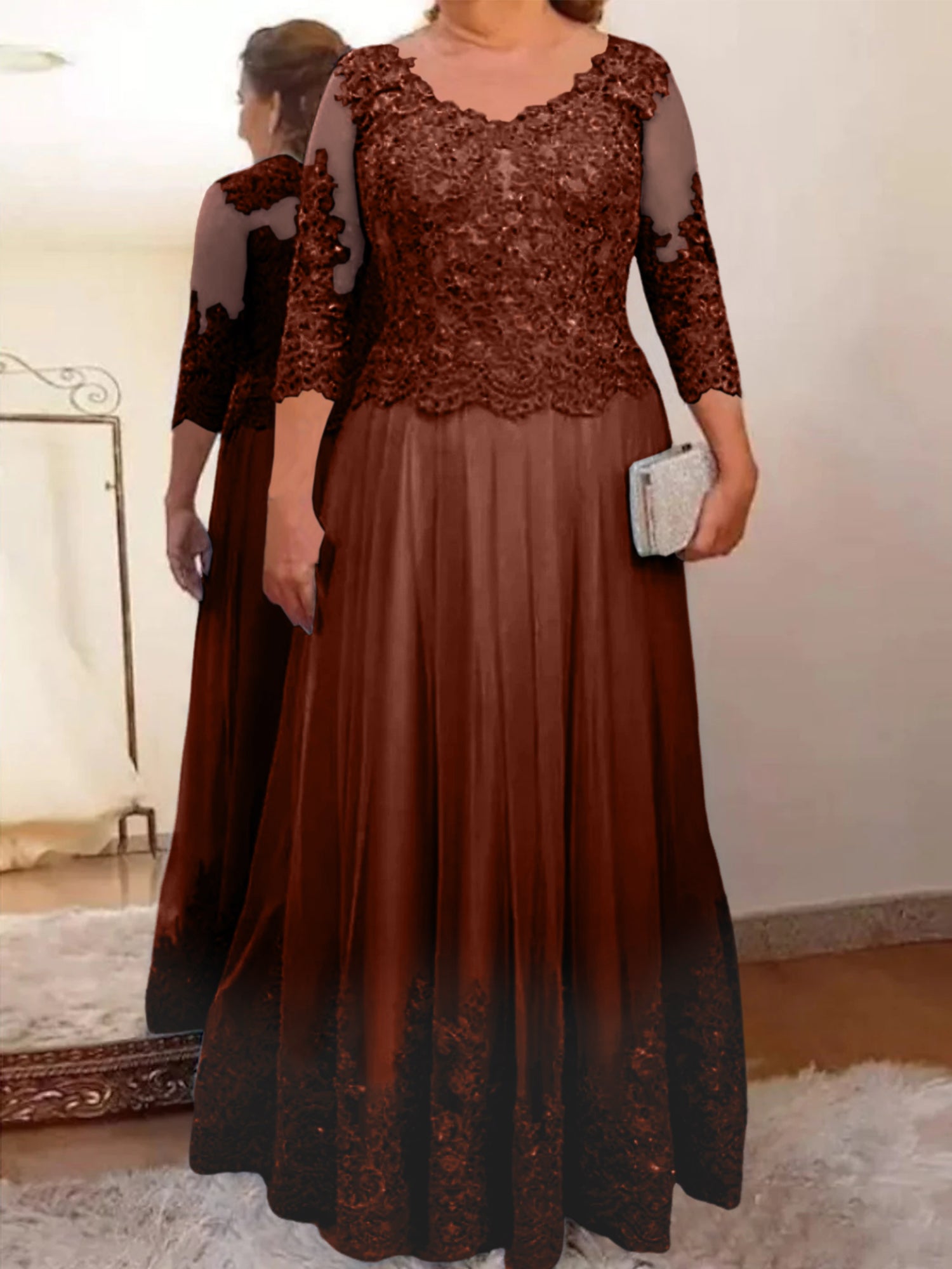 Floor-Length A-Line Mother of the Bride Dress with Sheer Neck and 3/4 Sleeves Featuring Applique-BMbridal