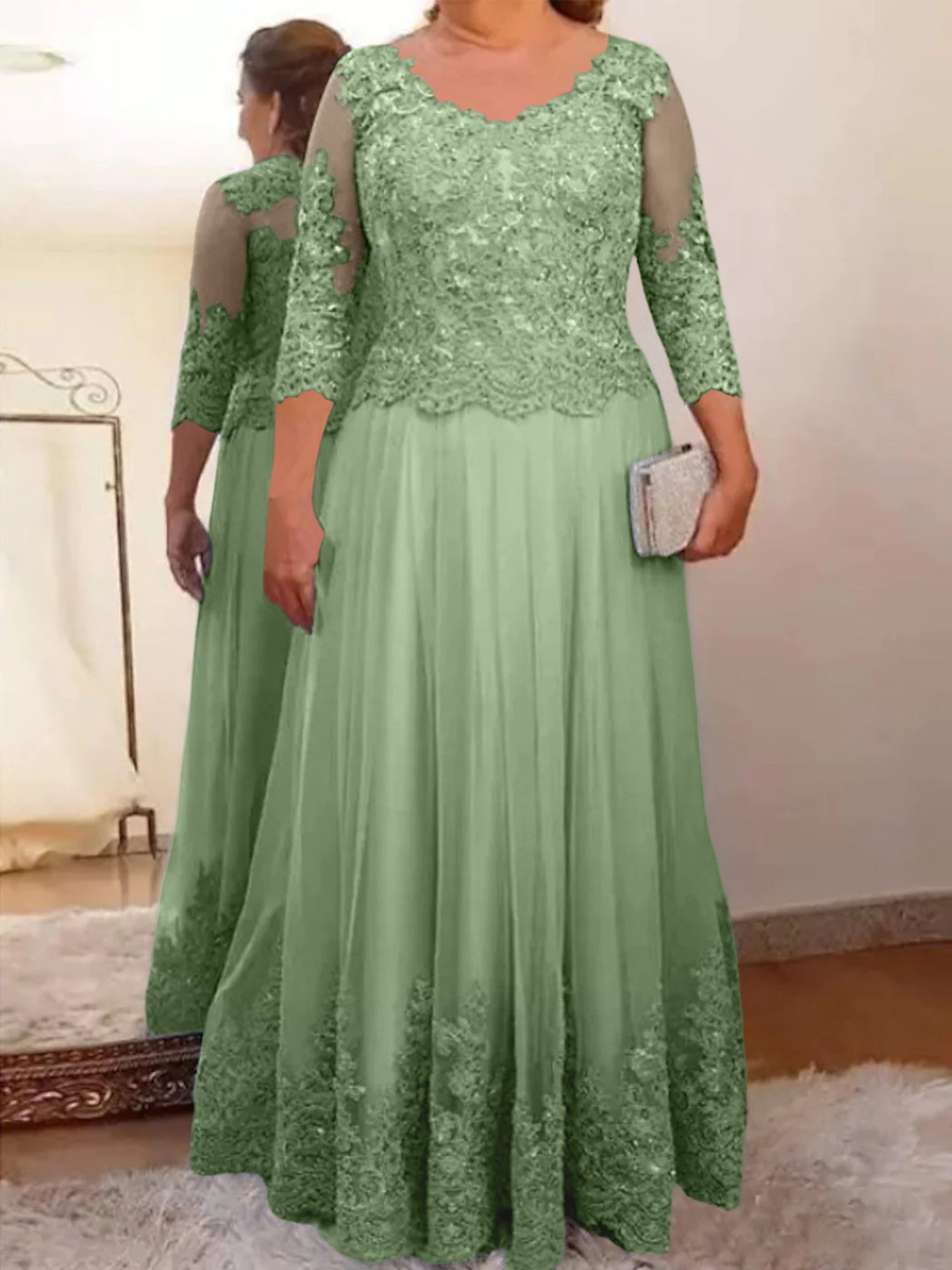 Floor-Length A-Line Mother of the Bride Dress with Sheer Neck and 3/4 Sleeves Featuring Applique-BMbridal
