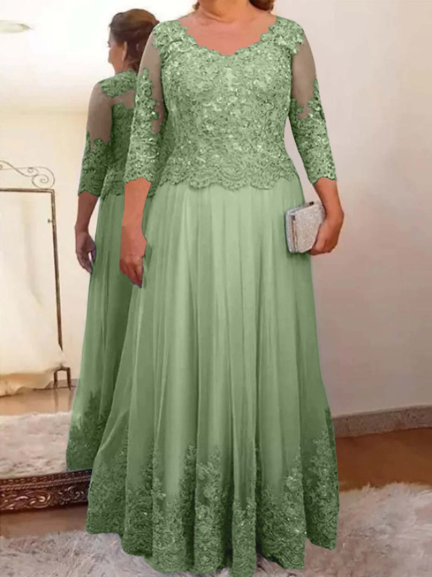Floor-Length A-Line Mother of the Bride Dress with Sheer Neck and 3/4 Sleeves Featuring Applique-BMbridal