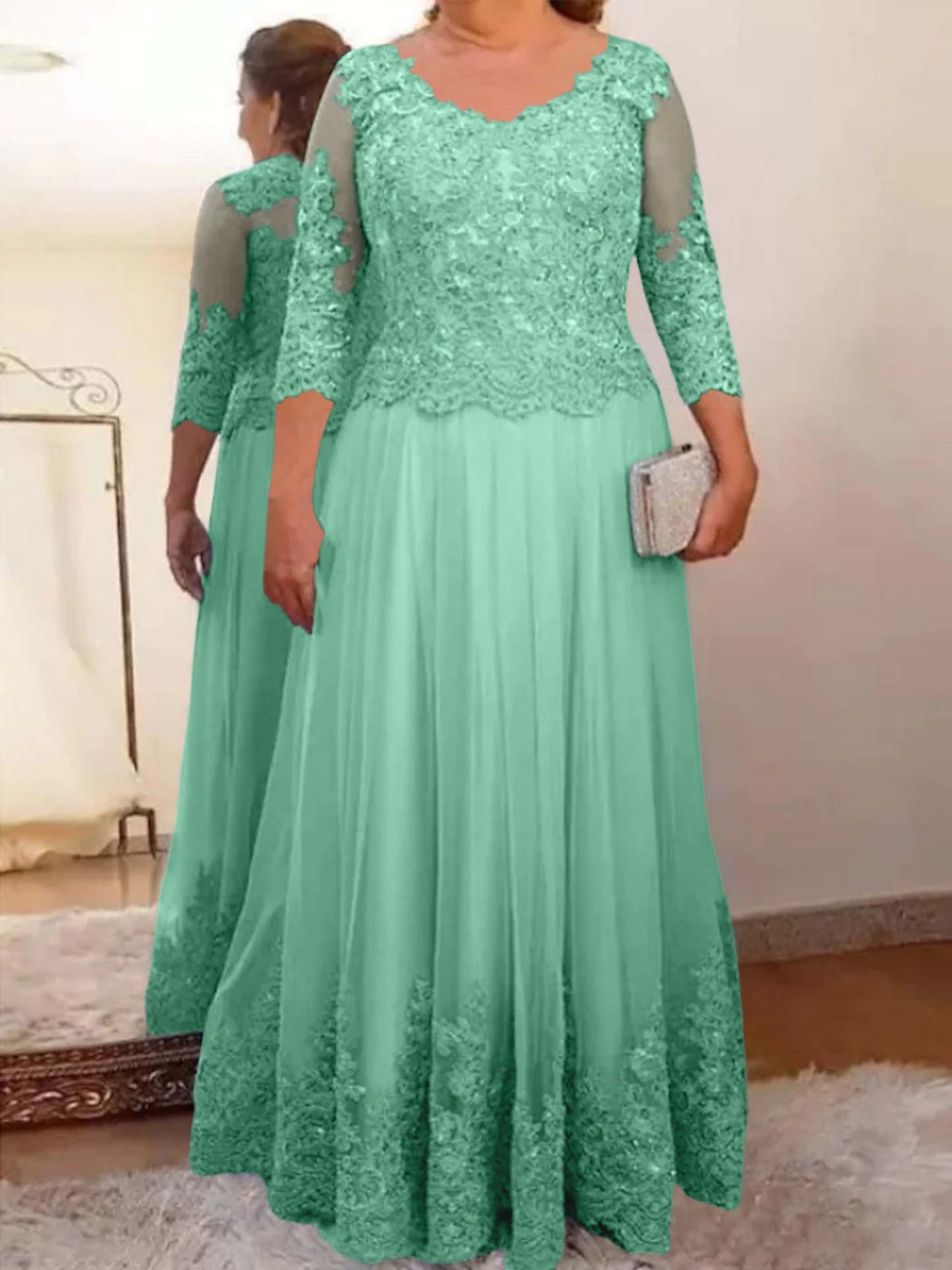 Floor-Length A-Line Mother of the Bride Dress with Sheer Neck and 3/4 Sleeves Featuring Applique-BMbridal