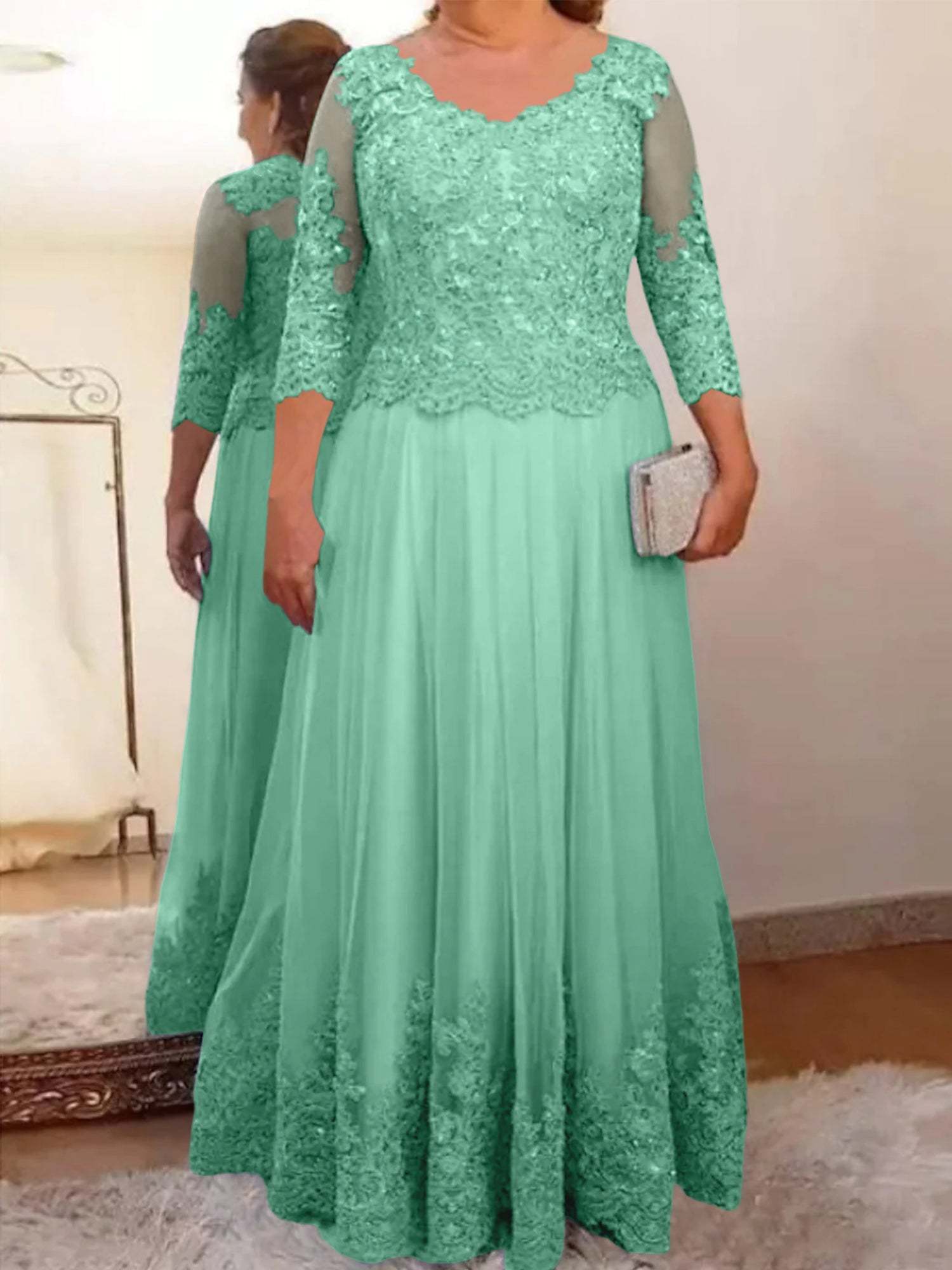Floor-Length A-Line Mother of the Bride Dress with Sheer Neck and 3/4 Sleeves Featuring Applique-BMbridal