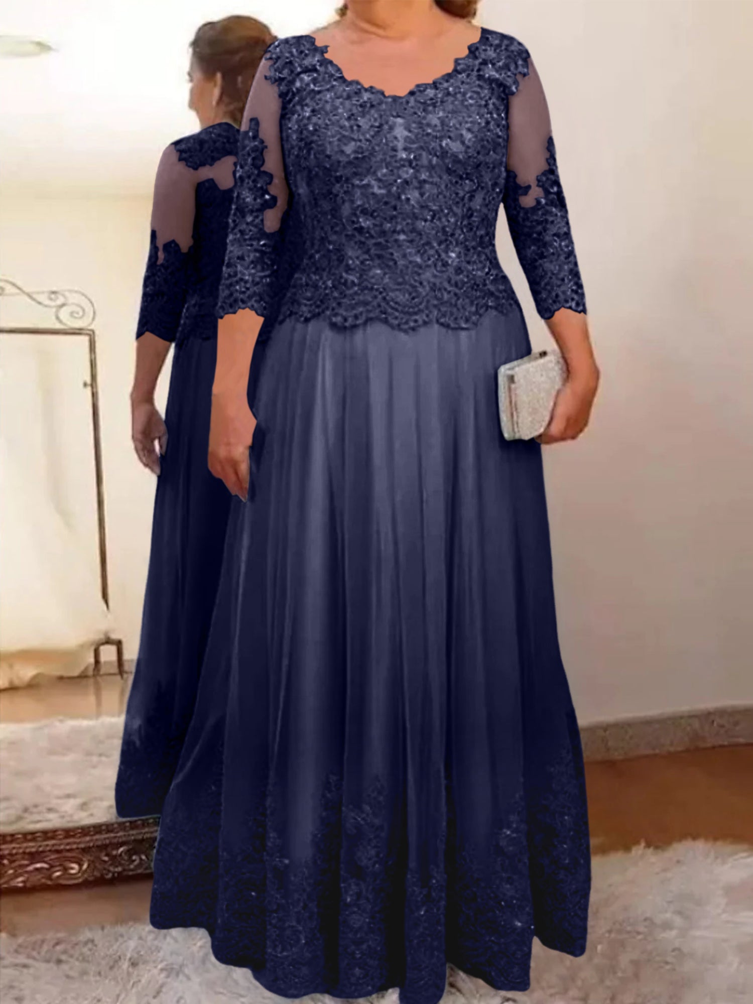Floor-Length A-Line Mother of the Bride Dress with Sheer Neck and 3/4 Sleeves Featuring Applique-BMbridal