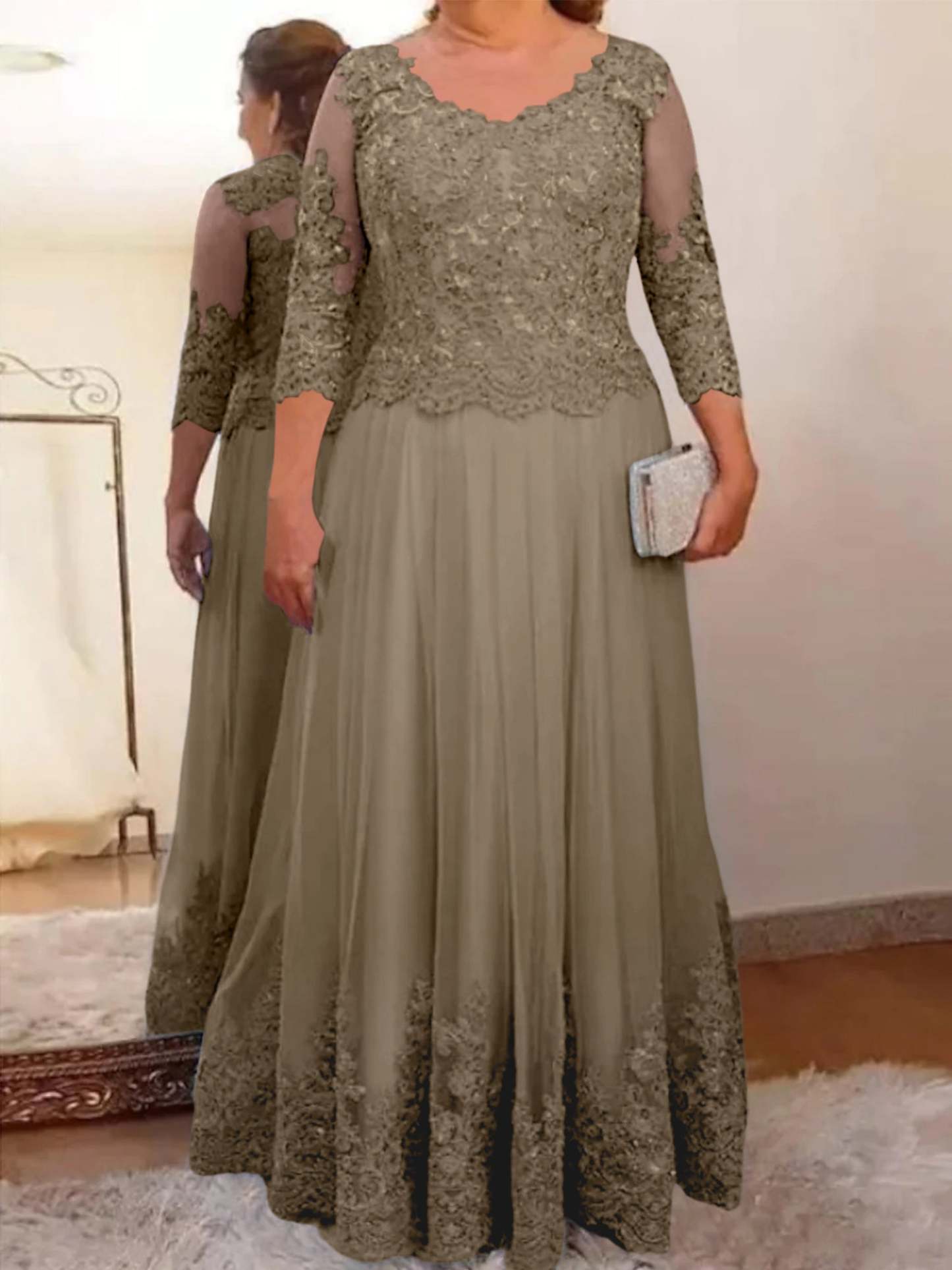 Floor-Length A-Line Mother of the Bride Dress with Sheer Neck and 3/4 Sleeves Featuring Applique-BMbridal