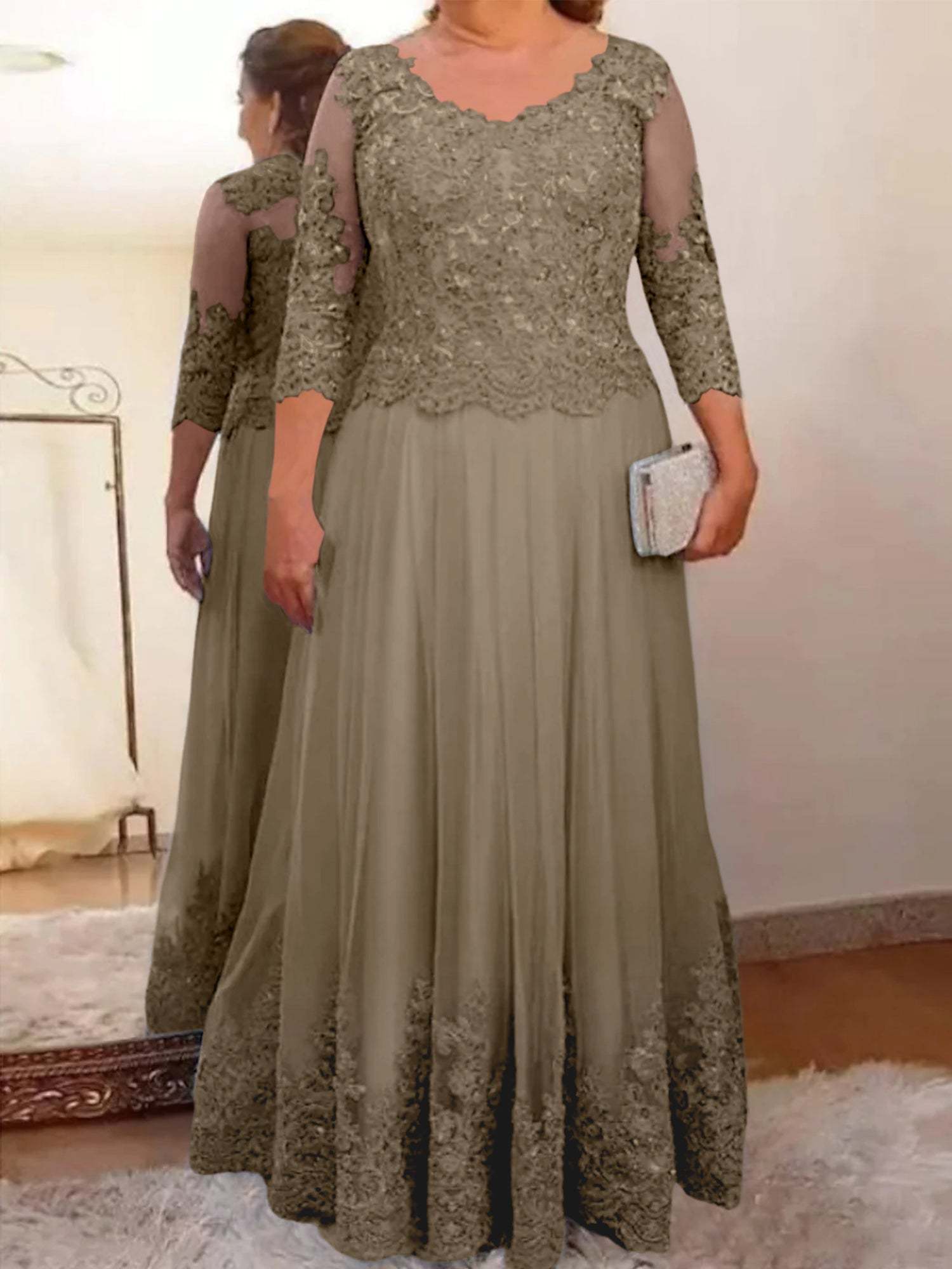 Floor-Length A-Line Mother of the Bride Dress with Sheer Neck and 3/4 Sleeves Featuring Applique-BMbridal