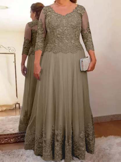 Floor-Length A-Line Mother of the Bride Dress with Sheer Neck and 3/4 Sleeves Featuring Applique-BMbridal