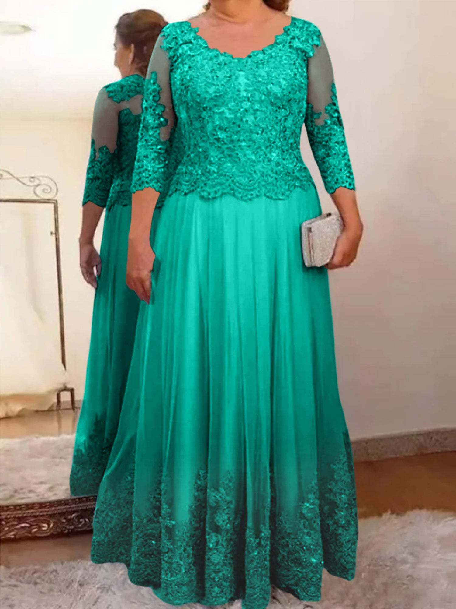Floor-Length A-Line Mother of the Bride Dress with Sheer Neck and 3/4 Sleeves Featuring Applique-BMbridal