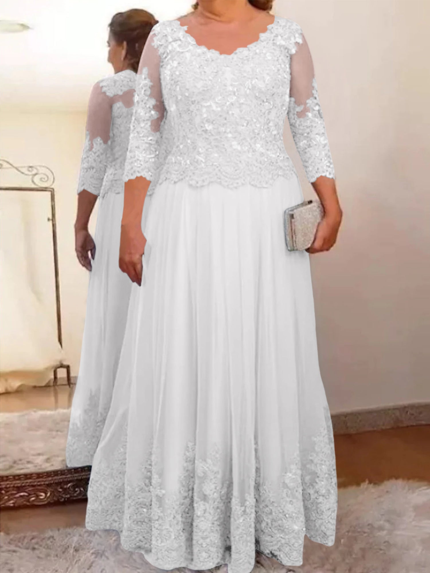 Floor-Length A-Line Mother of the Bride Dress with Sheer Neck and 3/4 Sleeves Featuring Applique-BMbridal